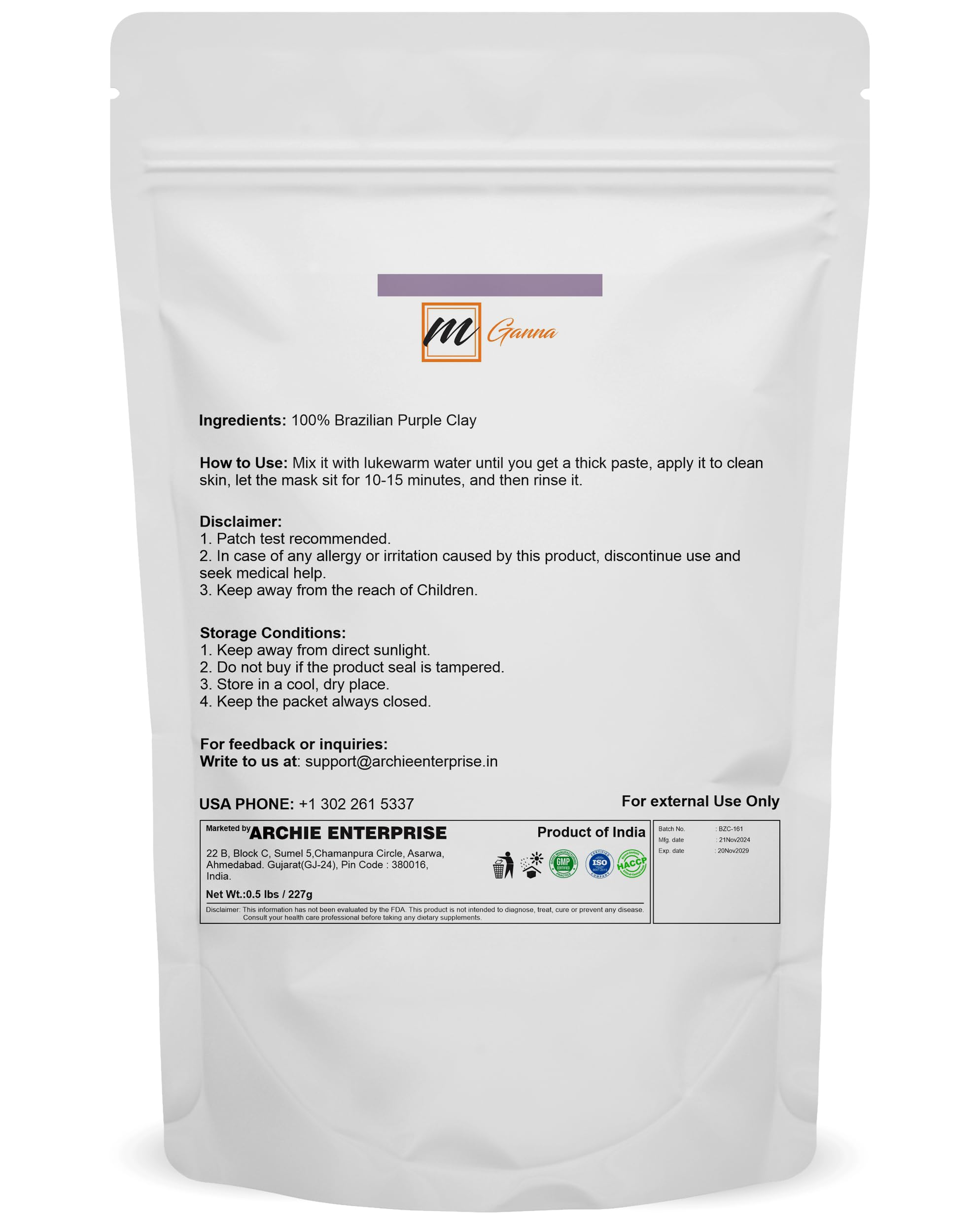 mGanna 100% Natural Brazilian Purple Clay Powder for Face Masks, Creams & Soaps – 0.5 lb (227 g)