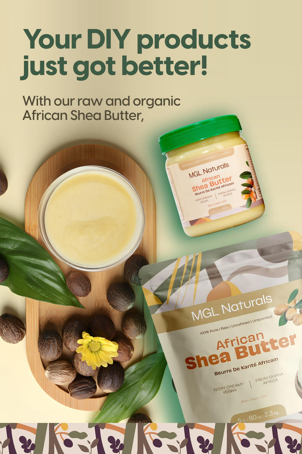 MGL Naturals Raw African Shea Butter Ivory 2.2 lb — Pure, Unrefined Moisturizer from Ghana