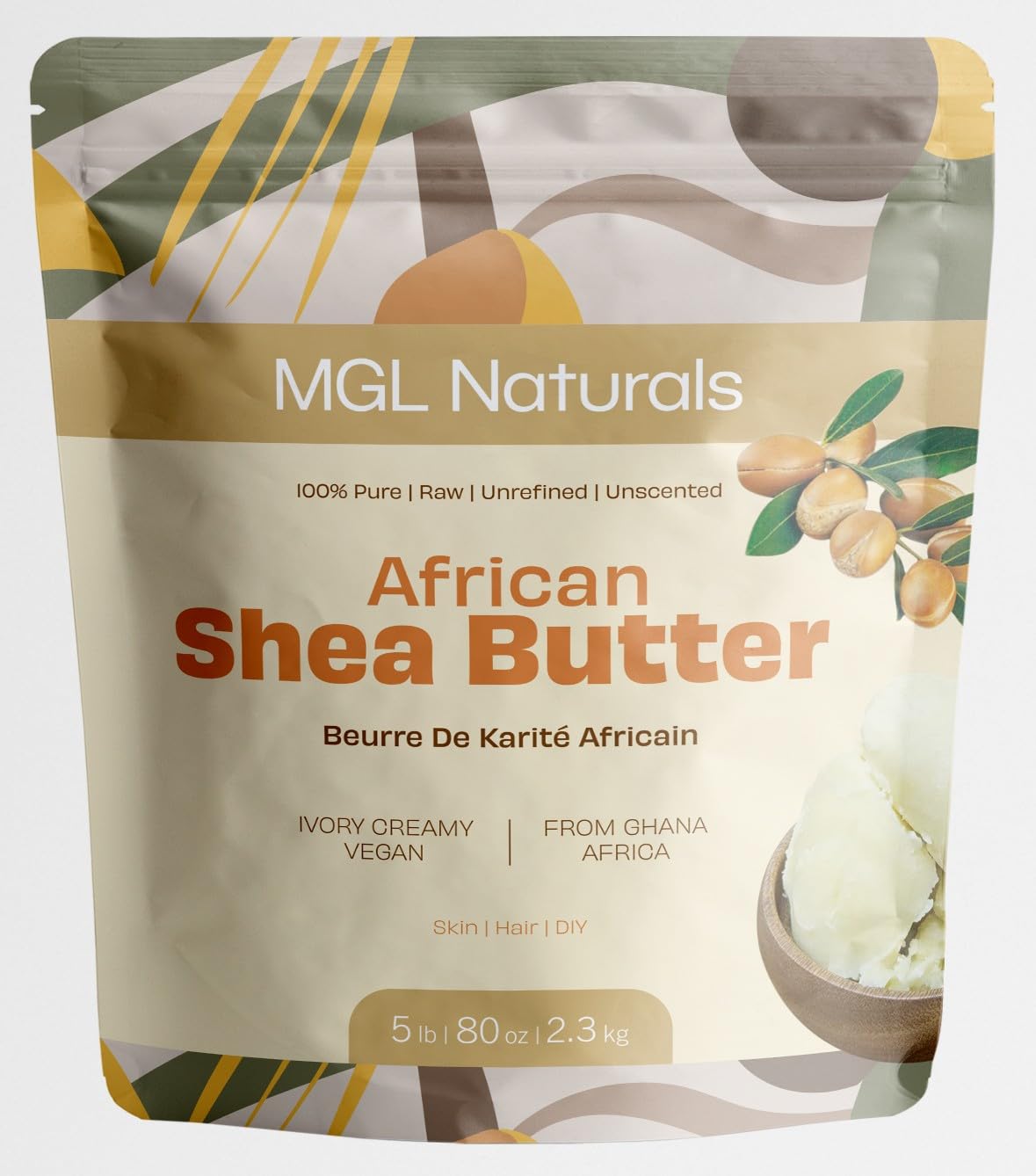 MGL Naturals Raw African Shea Butter Ivory – 5 lb, 100% Pure & Unrefined from Ghana
