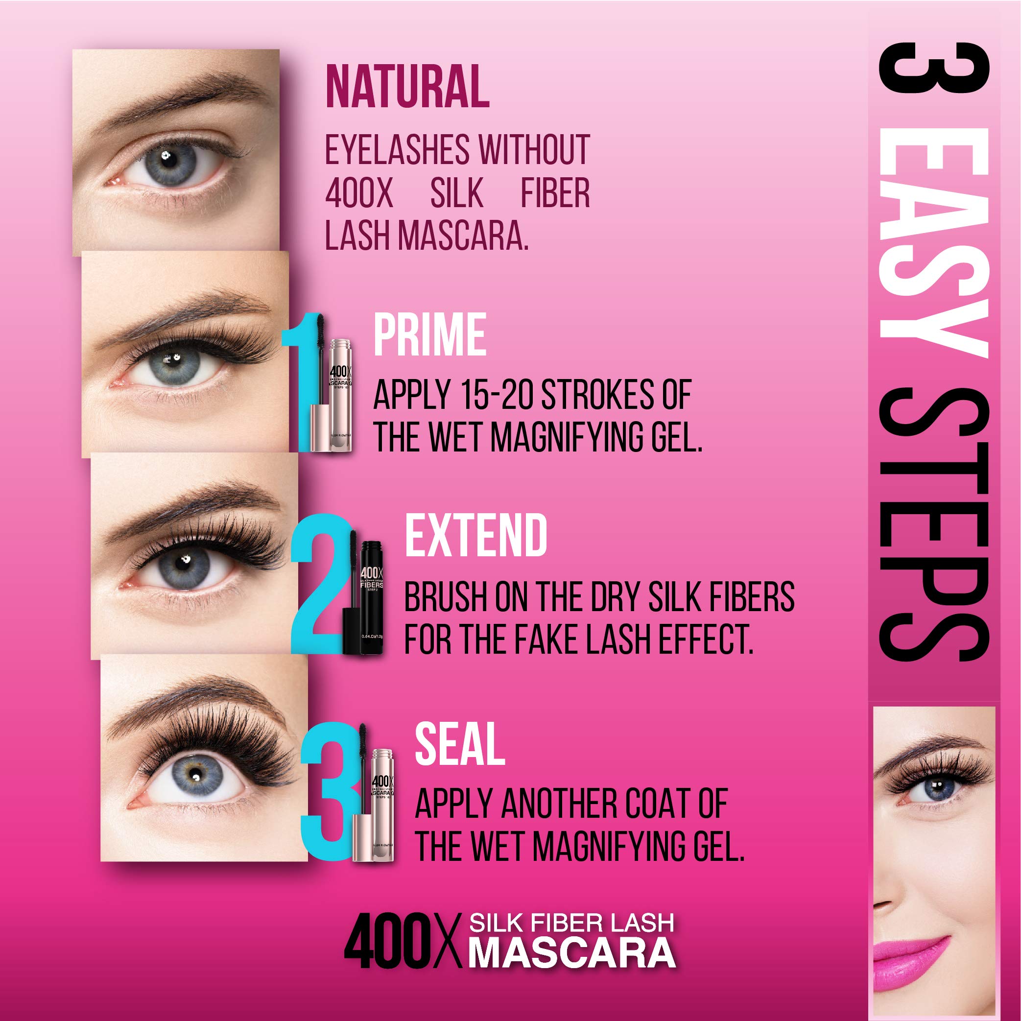 Mia Adora 400X Pure Silk Fiber Lash Mascara — Ultra Black, Waterproof, Hypoallergenic, Easy 3-Step Application