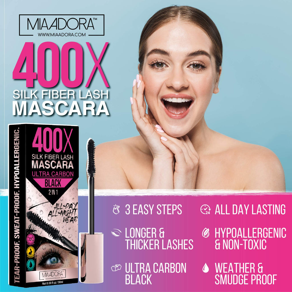 Mia Adora 400X Pure Silk Fiber Lash Mascara — Ultra Black, Waterproof, Hypoallergenic, Easy 3-Step Application