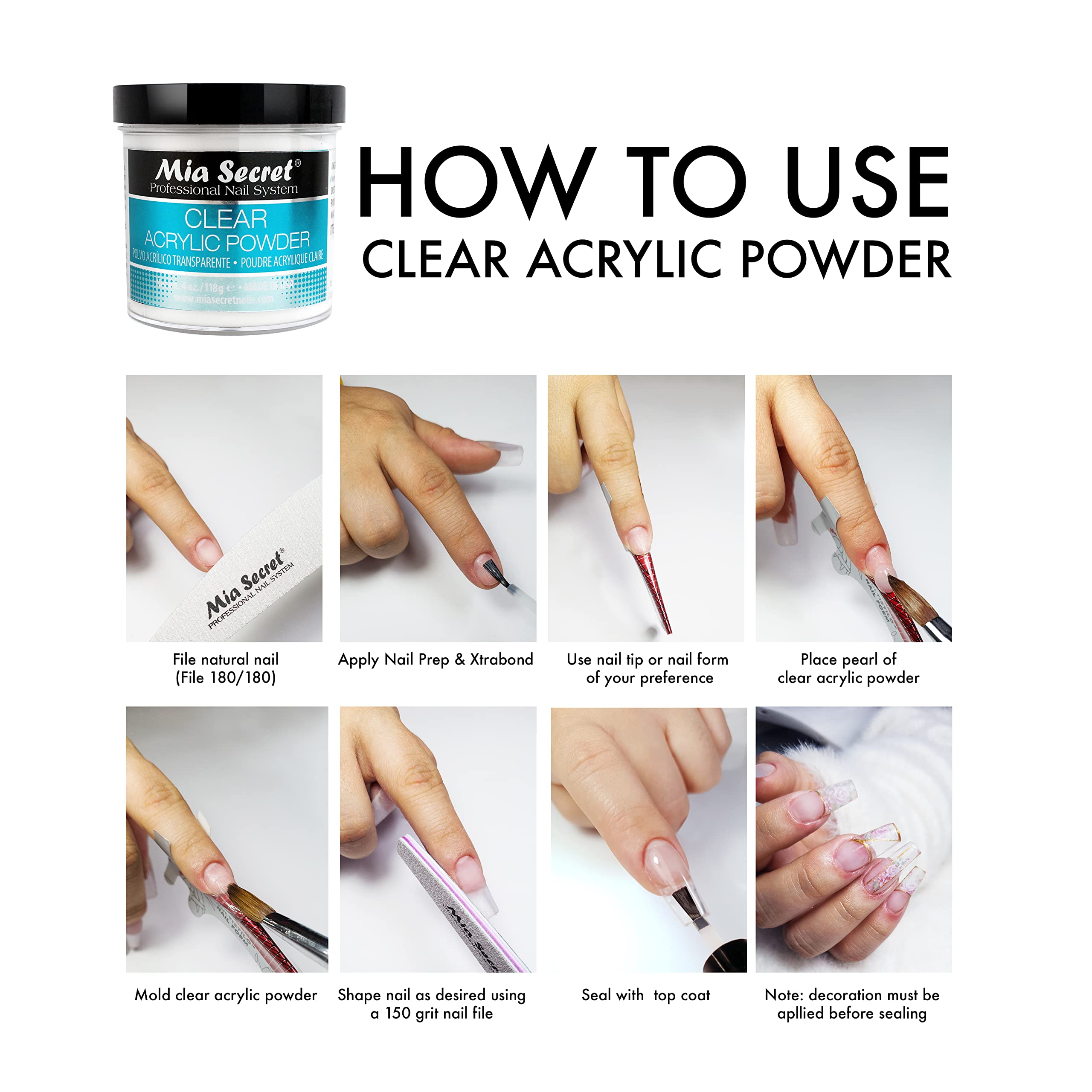 Mia Secret Clear Acrylic Powder (8oz) – True Clear, Self-Leveling, Easy Removal