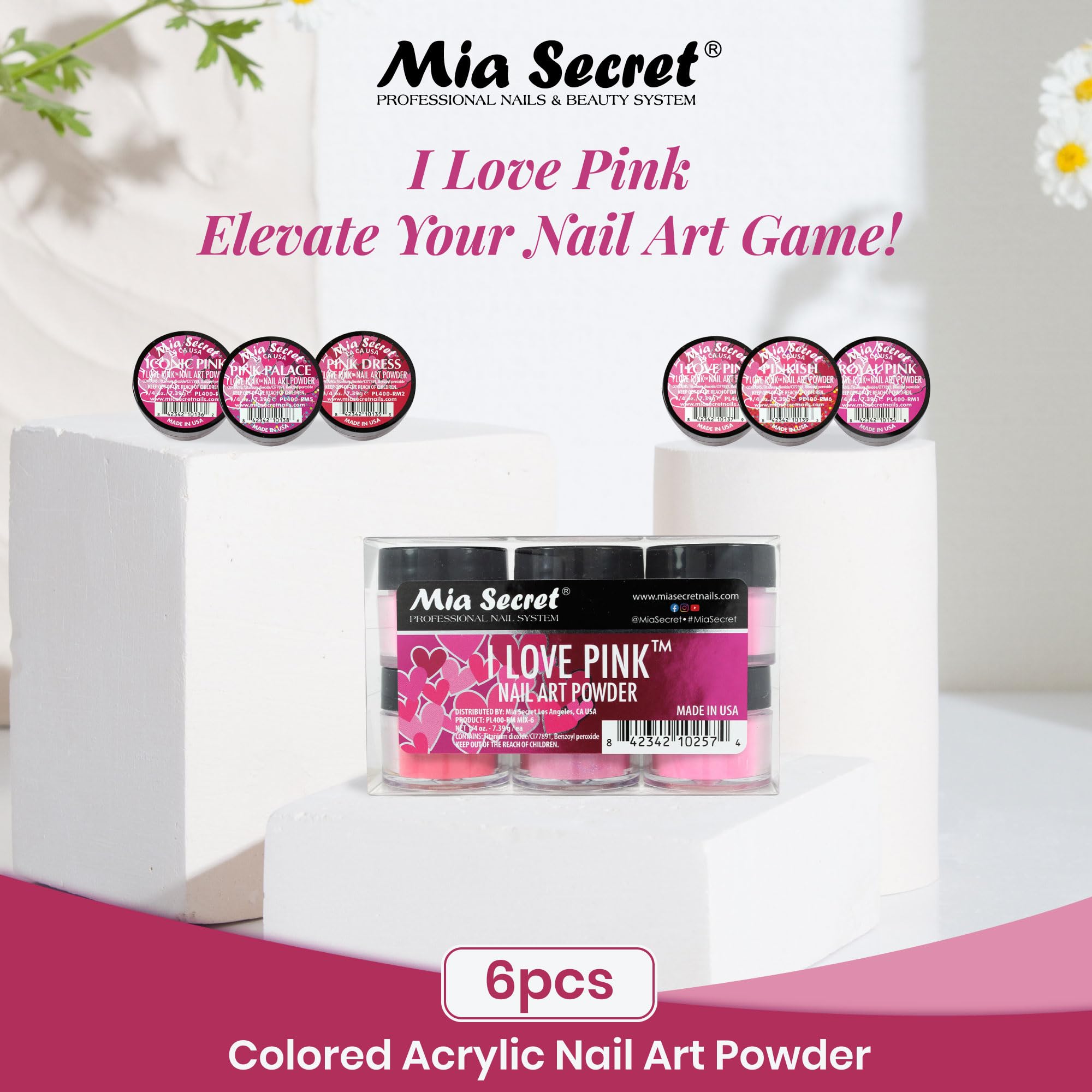 Mia Secret I Love Pink 6-Piece Colored Acrylic Nail Powder Collection | 6PC