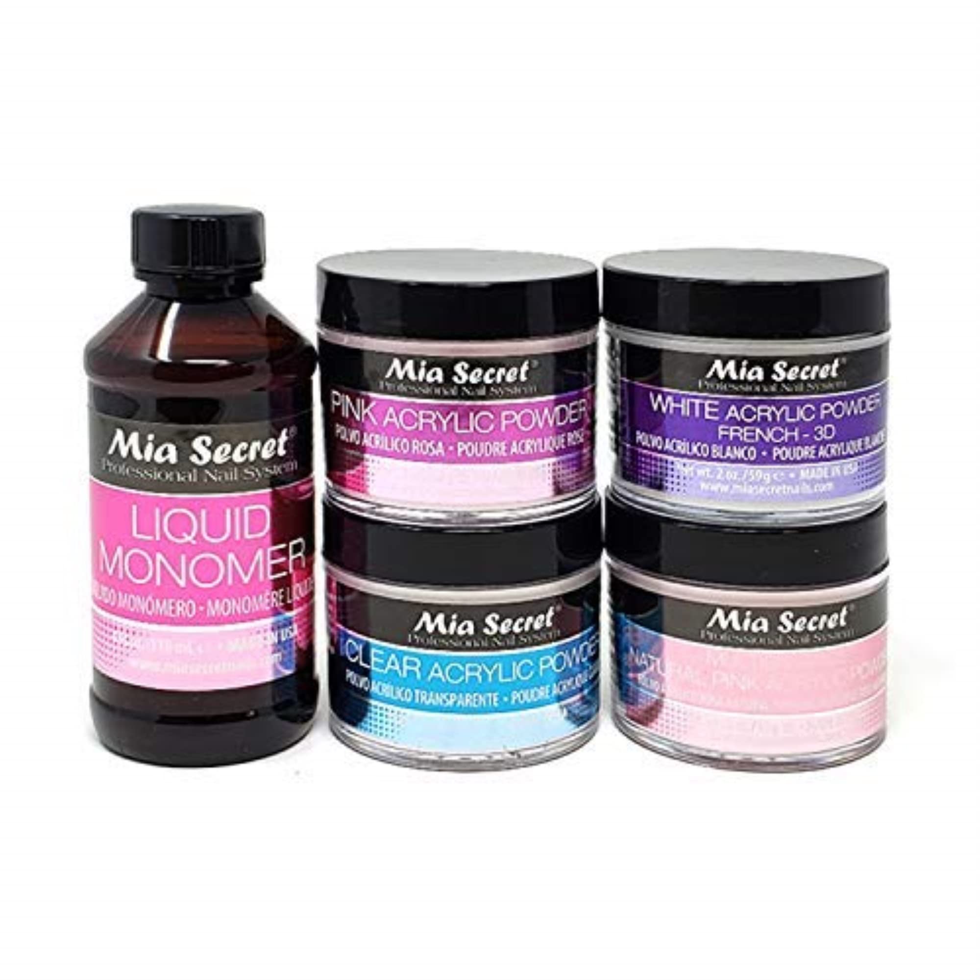 Mia Secret 4 oz Liquid Monomer + Acrylic Powder Set – Pink, Clear, White & Multibalance Pink (2 oz Each)