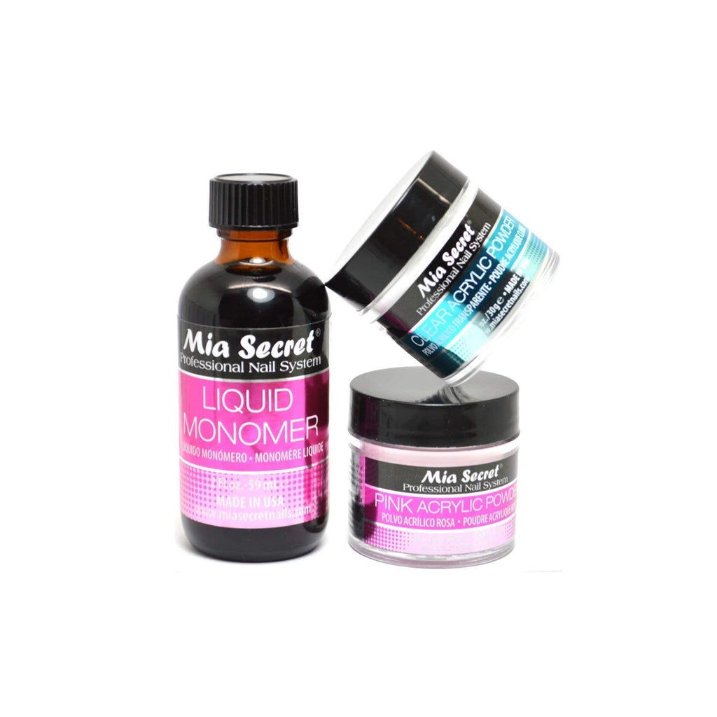 Mia Secret 2oz Liquid Monomer + 1oz Clear + 1oz Pink Acrylic Powder – Nail Art Set by Mia