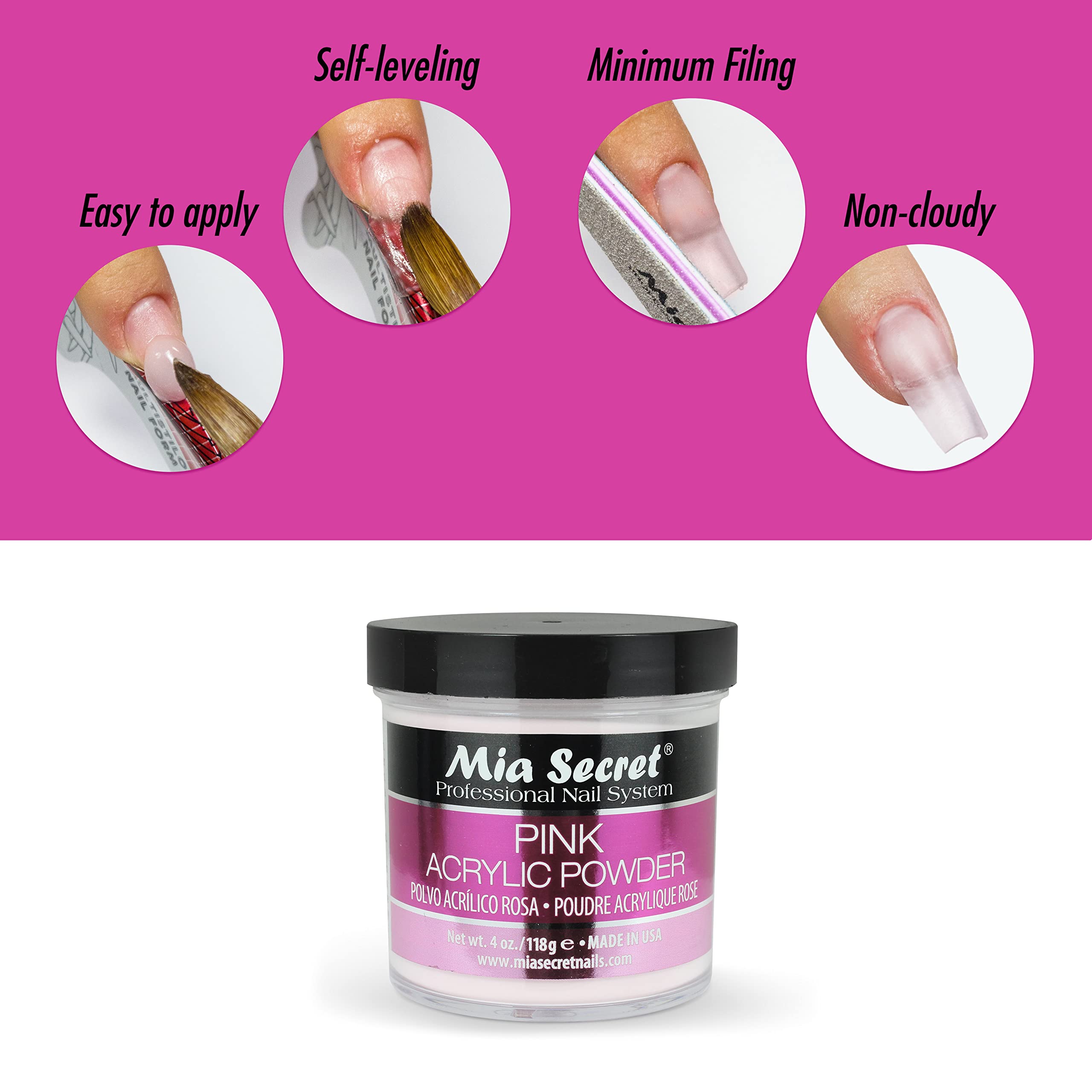 Mia Secret Pink Acrylic Powder 4 oz – Self-Leveling, Non-Yellowing & Long-Lasting