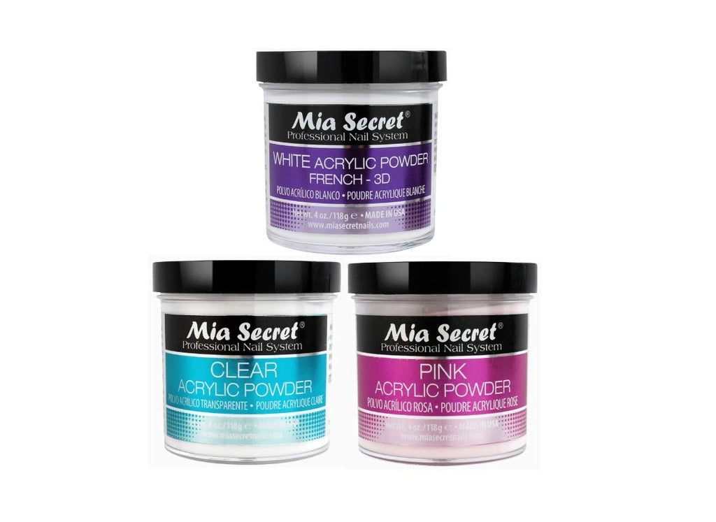 Mia Secret 4 oz Acrylic Powder 3pc Set – Pink, Clear & White (Made in USA)