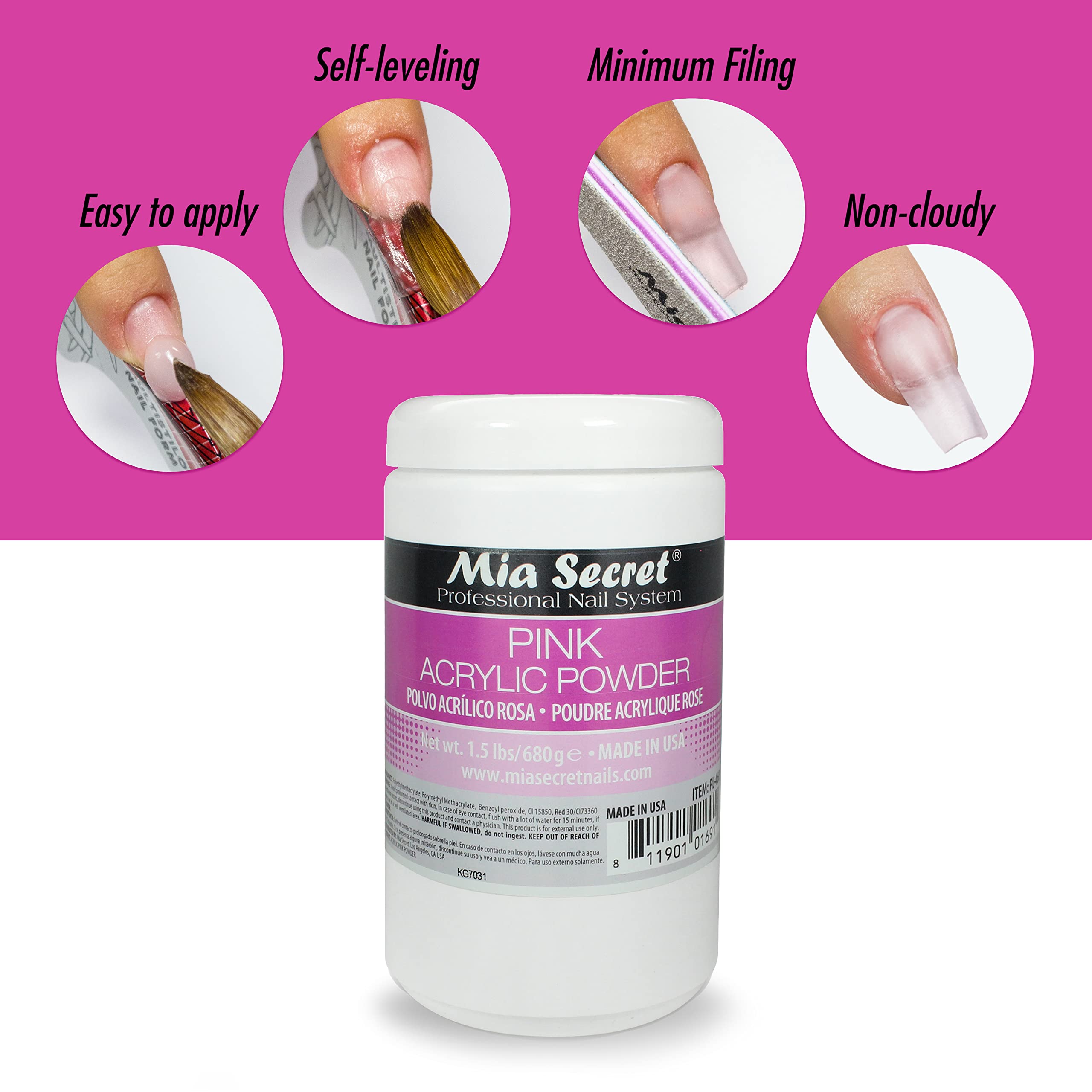 Mia Secret Pink Acrylic Powder 1.5 lbs – Self-Leveling, Long-Lasting, Made in USA