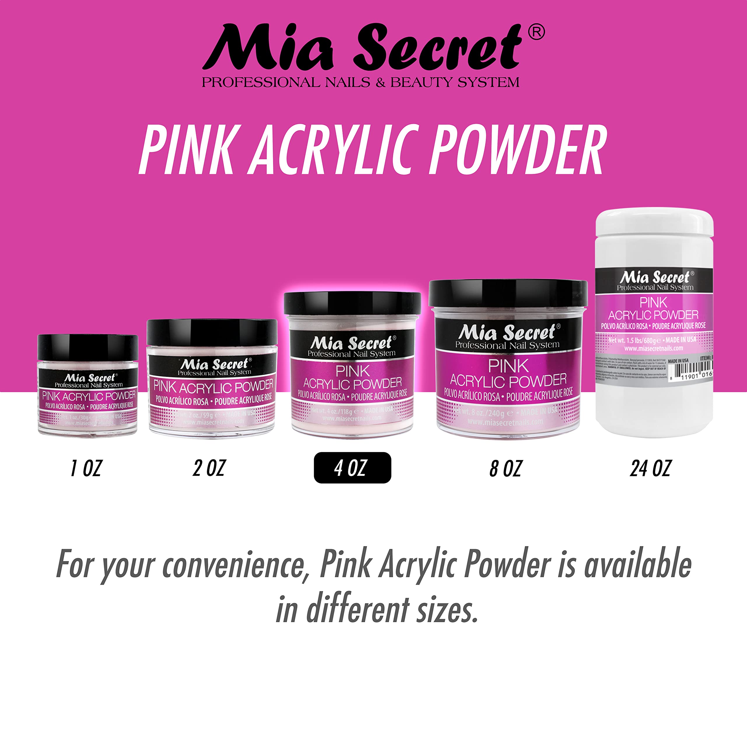 Mia Secret Pink Acrylic Powder 4 oz – Self-Leveling, Non-Yellowing & Long-Lasting