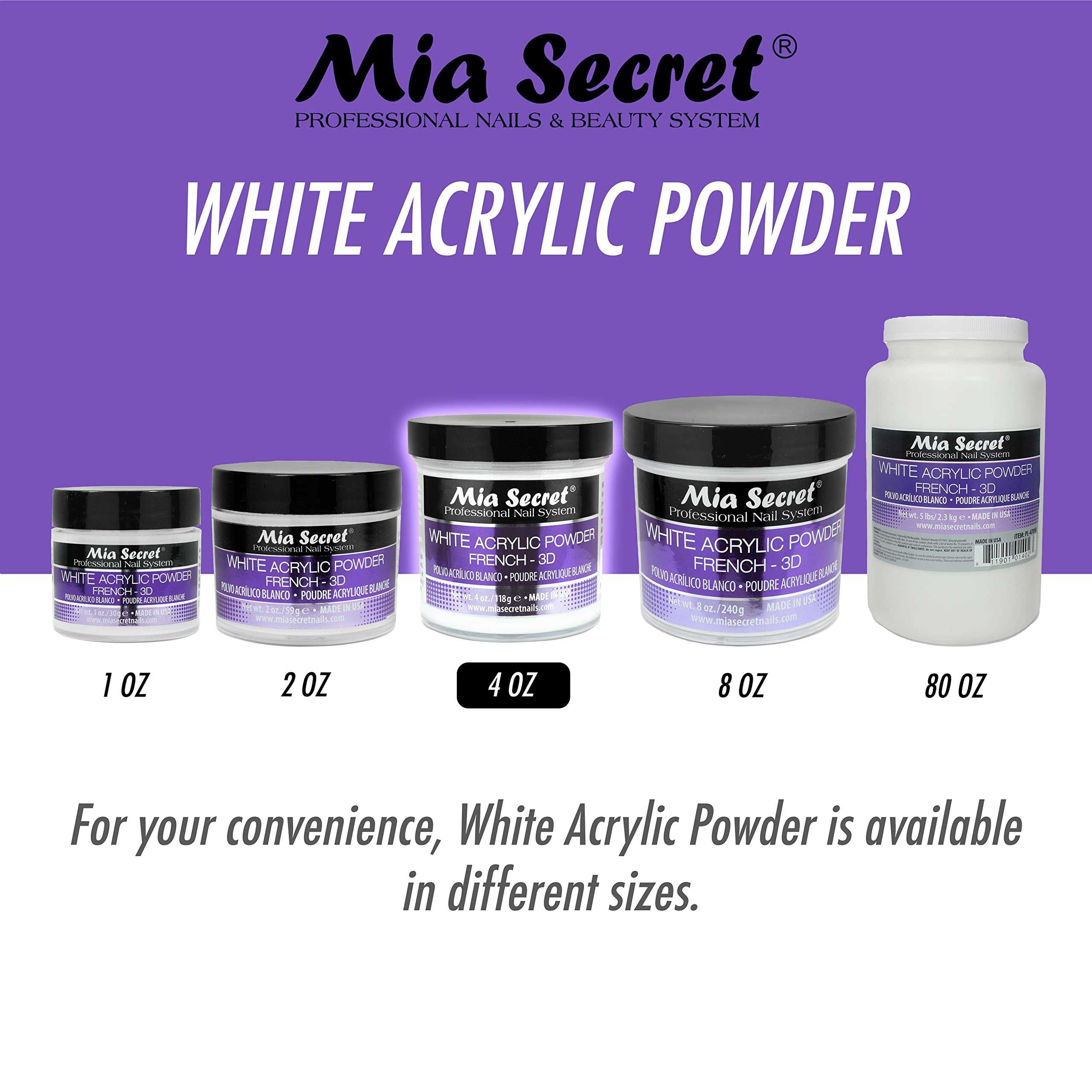 Mia Secret White Acrylic Powder 4oz – 3D Nail Art & French Manicure, USA Made