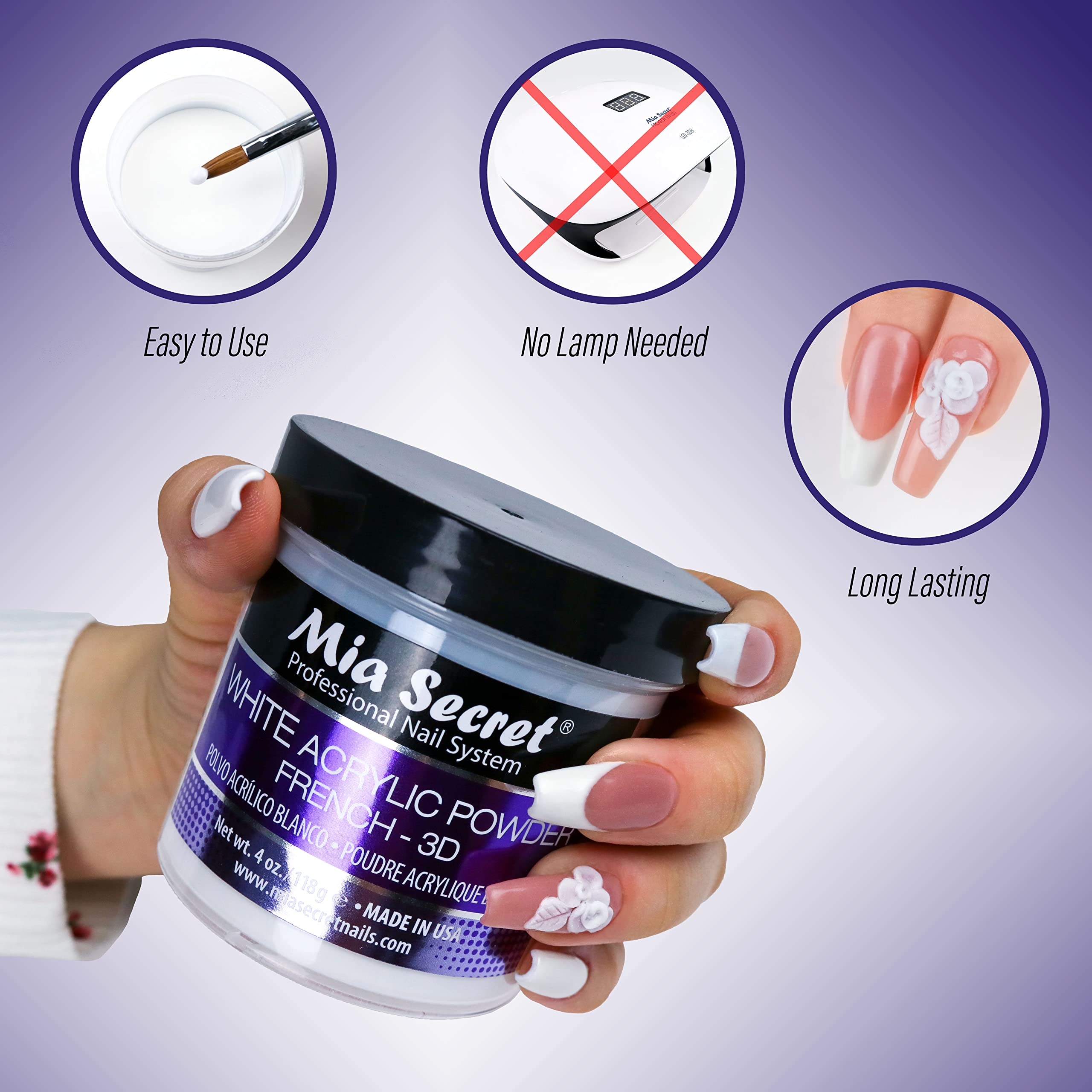 Mia Secret White Acrylic Powder 4oz – 3D Nail Art & French Manicure, USA Made