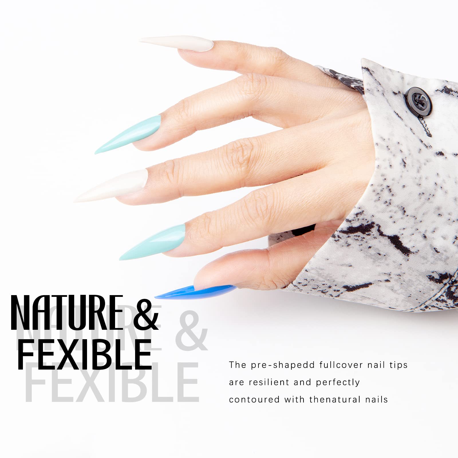 Michelle Stiletto Nail Tips 504pc XL – Pre-shaped False Nails for Home & Salon