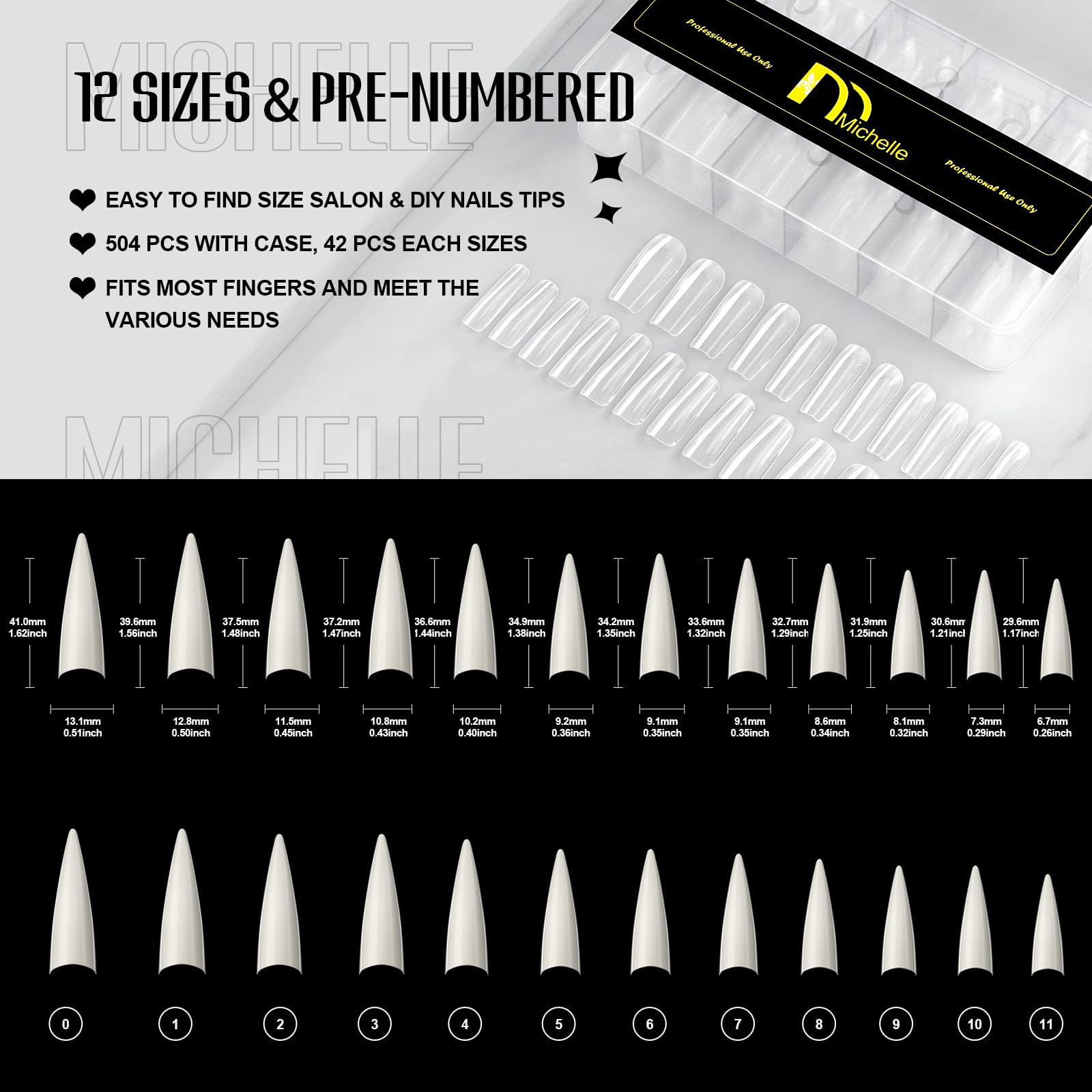 Michelle Stiletto Nail Tips 504pc XL – Pre-shaped False Nails for Home & Salon