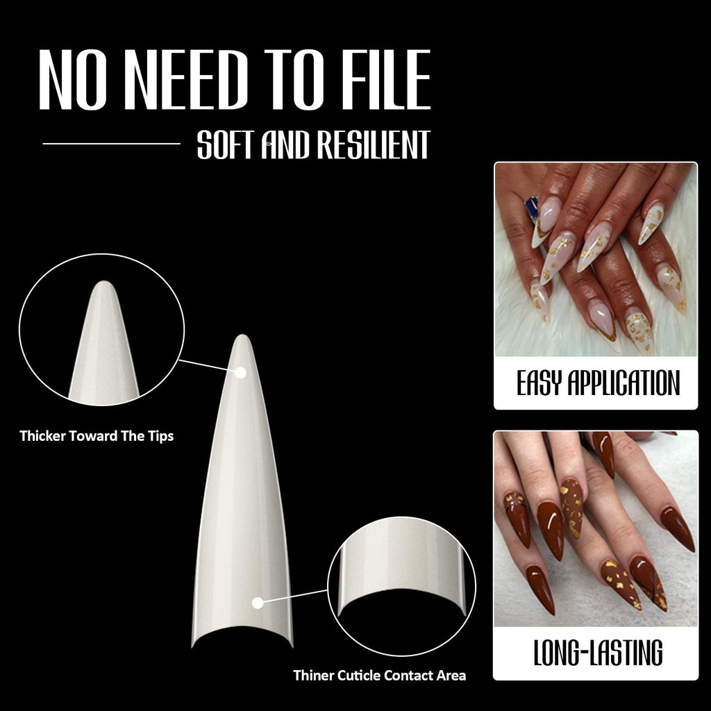 Michelle Stiletto Nail Tips 504pc XL – Pre-shaped False Nails for Home & Salon