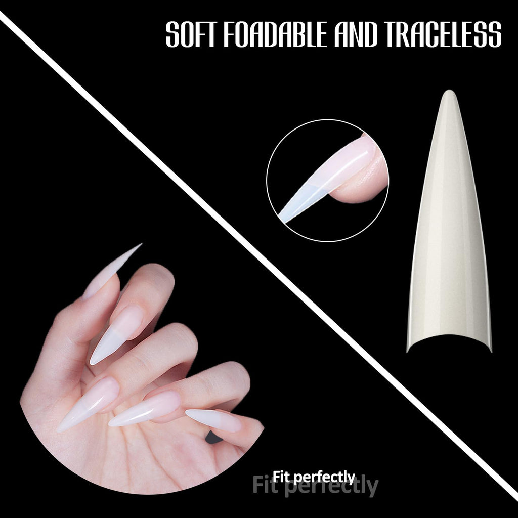 Michelle Stiletto Nail Tips 504pc XL – Pre-shaped False Nails for Home & Salon