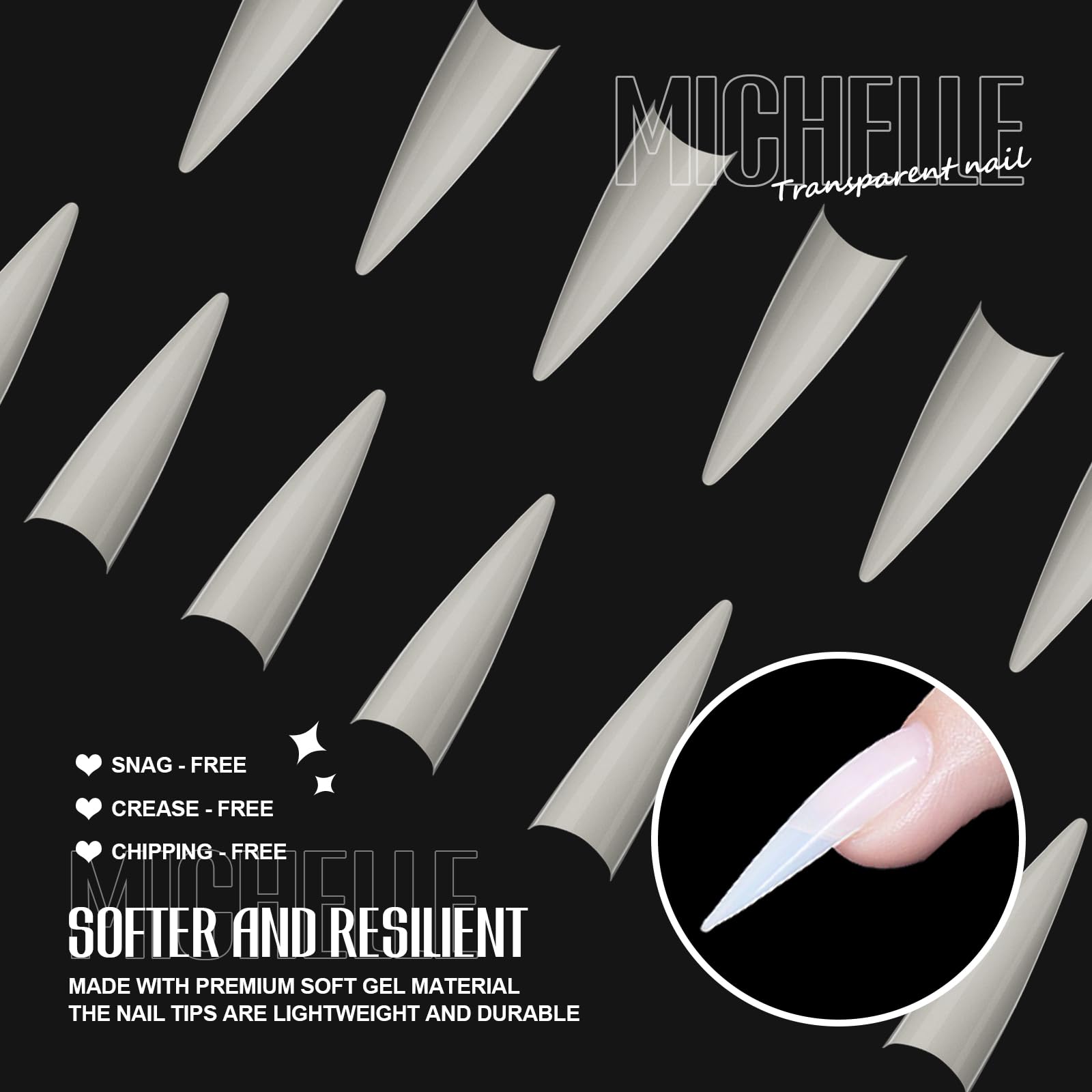 Michelle Stiletto Nail Tips 504pc XL – Pre-shaped False Nails for Home & Salon