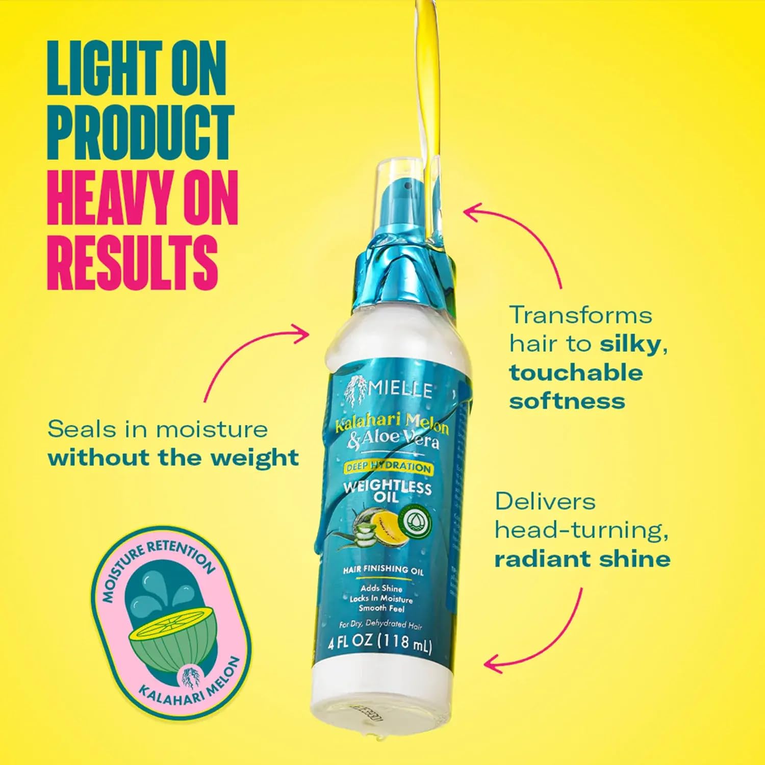 Mielle Organics Weightless Hair Oil – Kalahari Melon & Aloe Hydration for Dry, Curly Hair (4 oz)