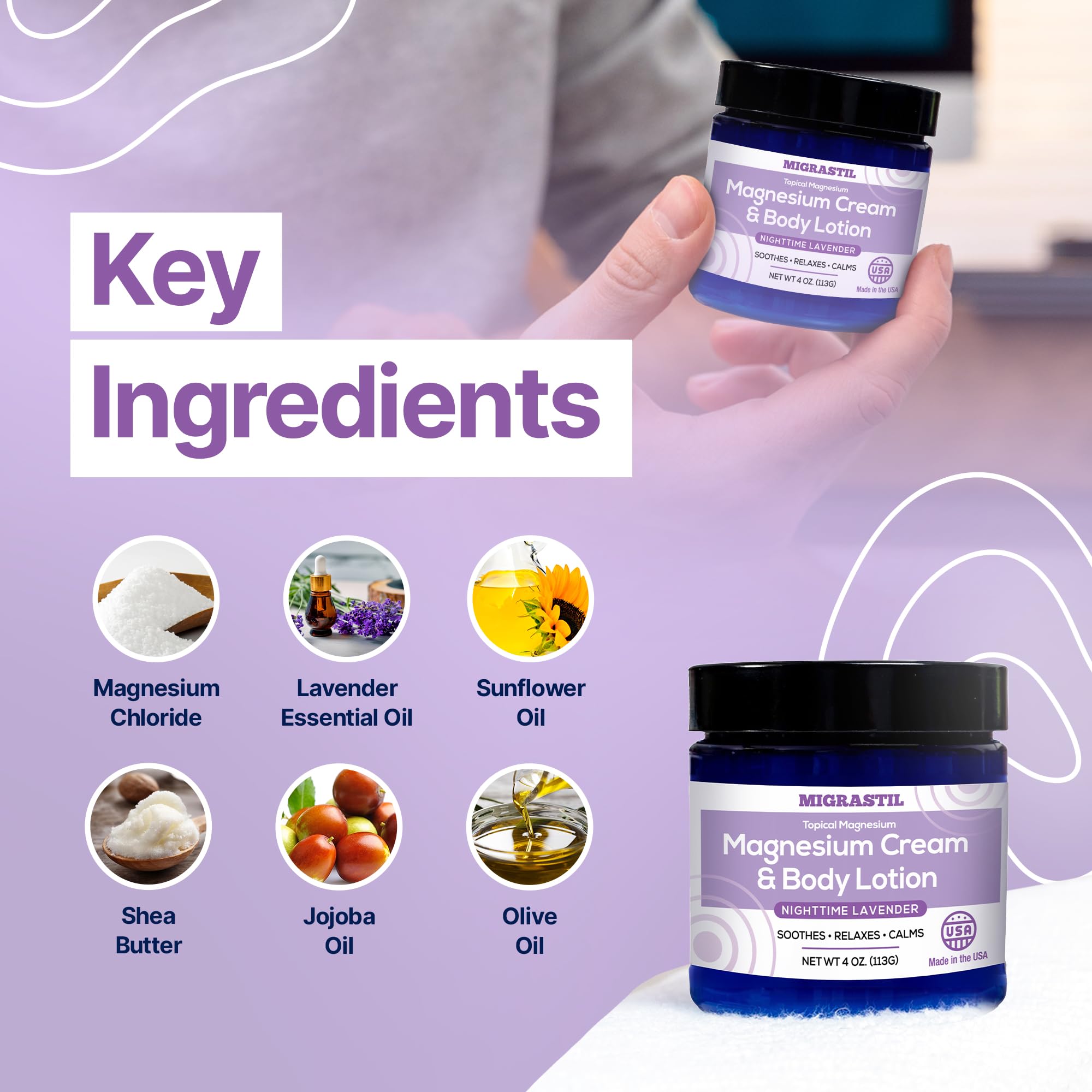 MIGRASTIL Nighttime Lavender Magnesium Cream – 250mg Magnesium for Sleep & Relaxation
