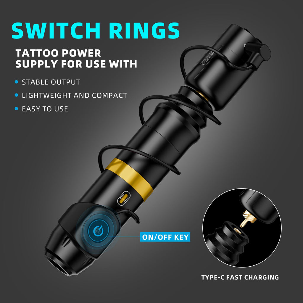 MIHERT Tattoo Gun Kit – Wireless Rotary Machine, 1500mAh Battery, 7 Inks, 20 Cartridges (Golden)