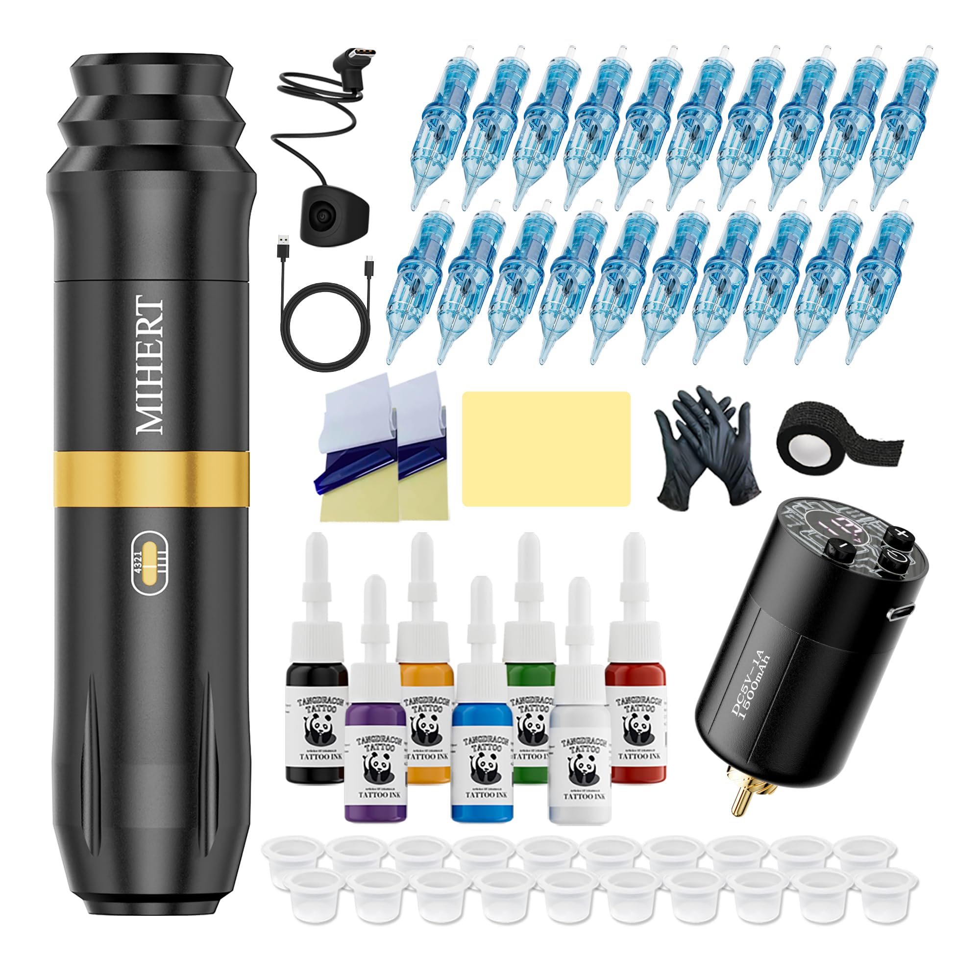 MIHERT Tattoo Gun Kit – Wireless Rotary Machine, 1500mAh Battery, 7 Inks, 20 Cartridges (Golden)