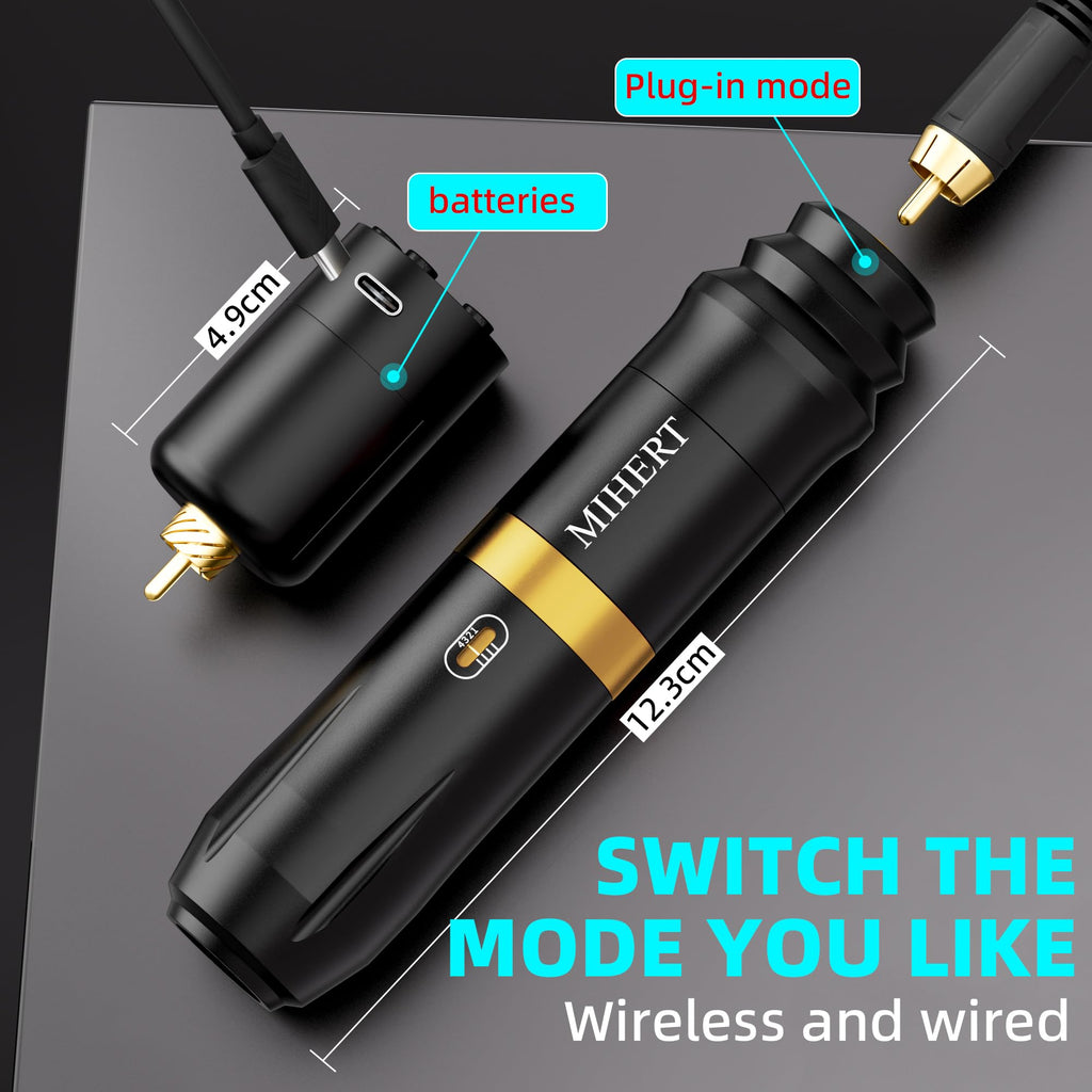 MIHERT Tattoo Gun Kit – Wireless Rotary Machine, 1500mAh Battery, 7 Inks, 20 Cartridges (Golden)