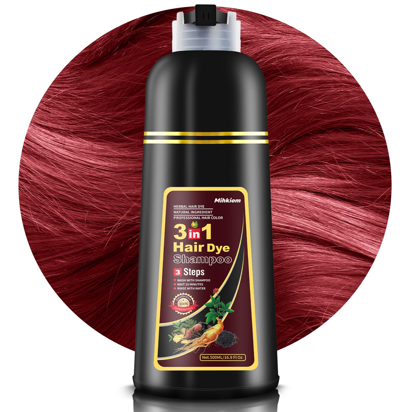 Mihkiom Hair Dye Shampoo 3-in-1 for Women & Men – Wine Red Color, Natural Plant Formula, 20-Minute Refresh