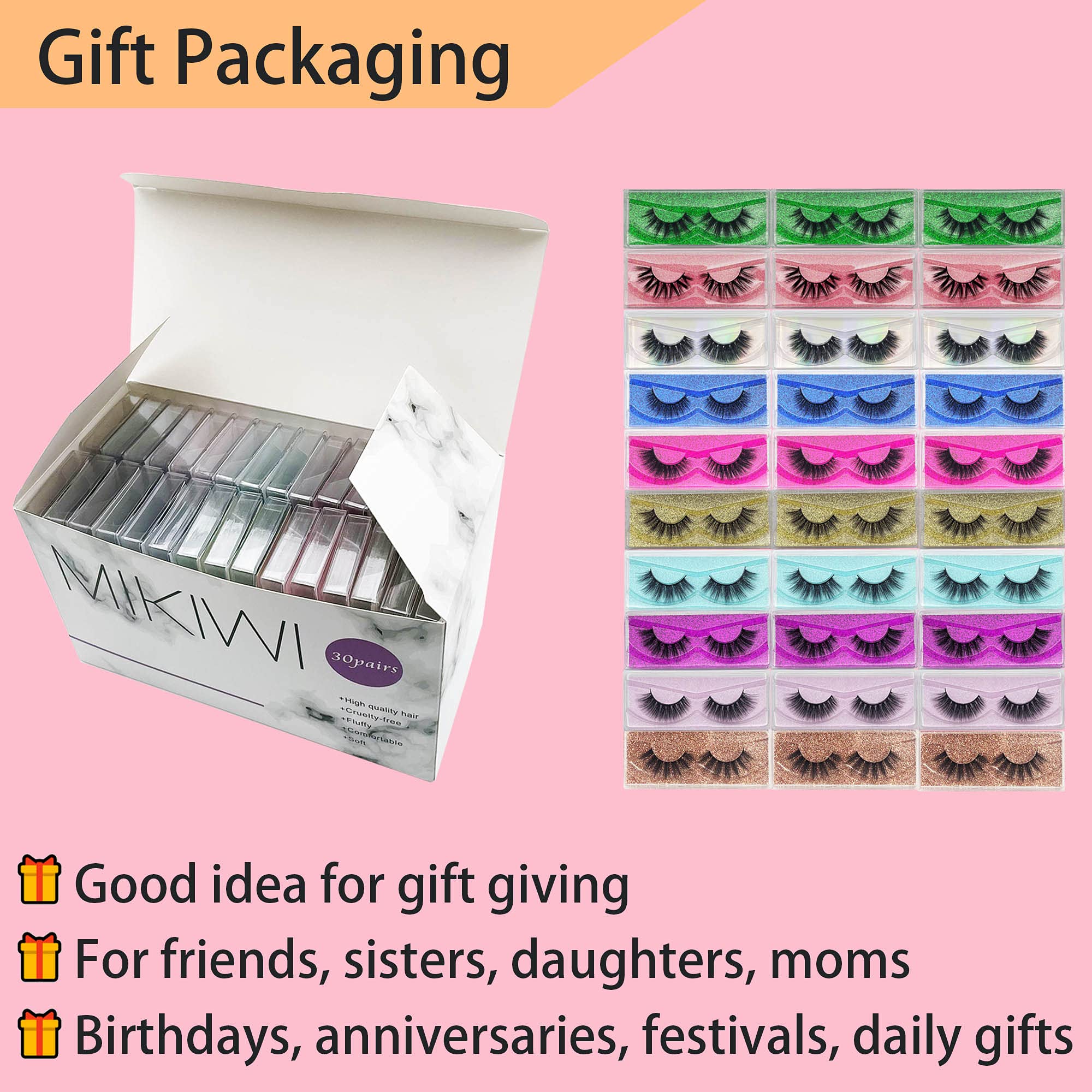 Mikiwi 30-Pair 5D Faux Mink Lashes Bulk Wholesale – 12-20mm Natural, Fluffy