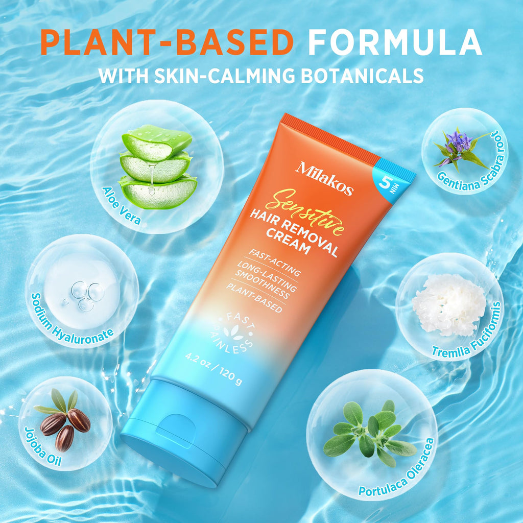 Milakos Painless Hair Removal Cream for Sensitive Skin – Aloe, Chamomile & Vitamin E