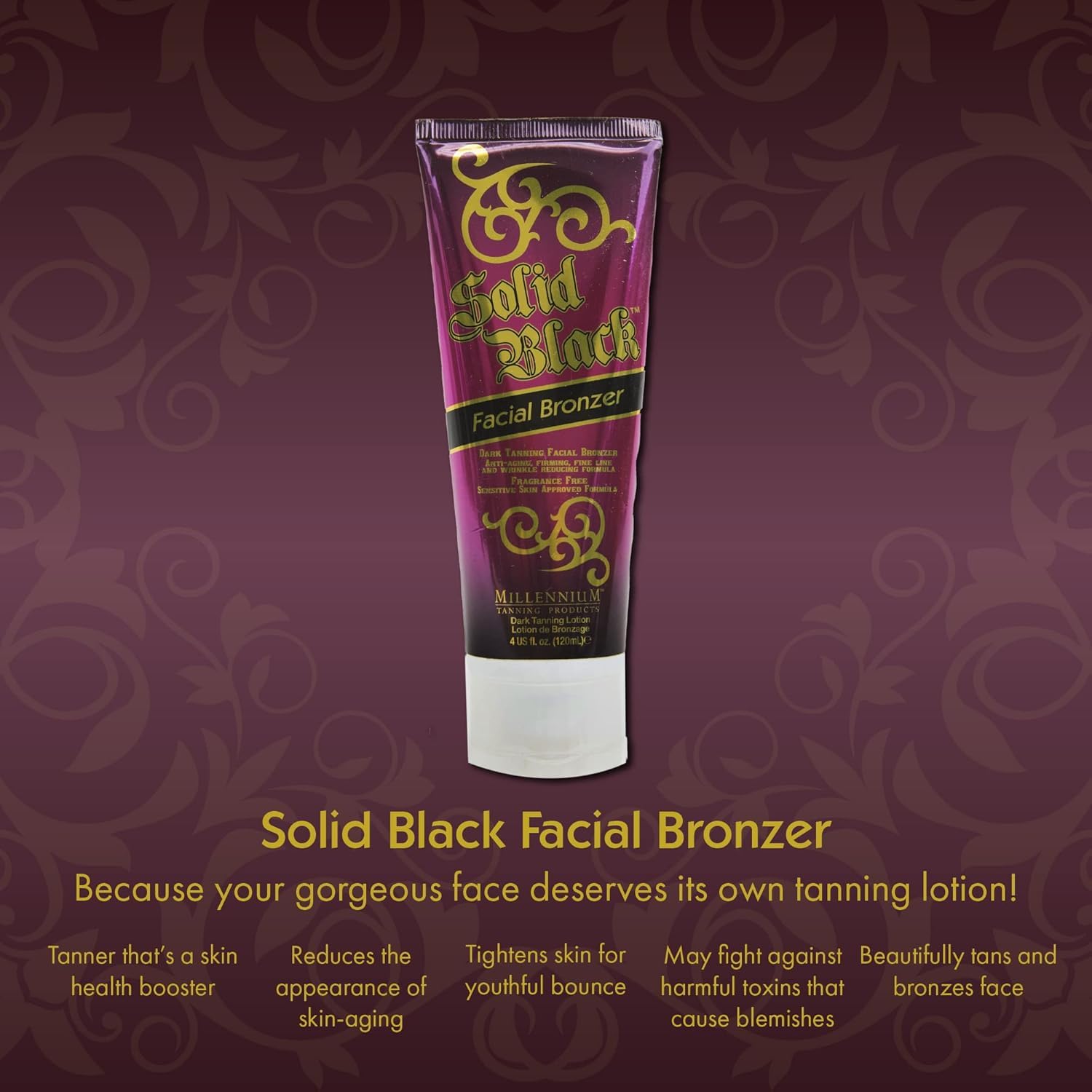 Millennium Tanning Solid Black Facial Bronzer – Skin-Firming Face Tanning Lotion | 4 oz
