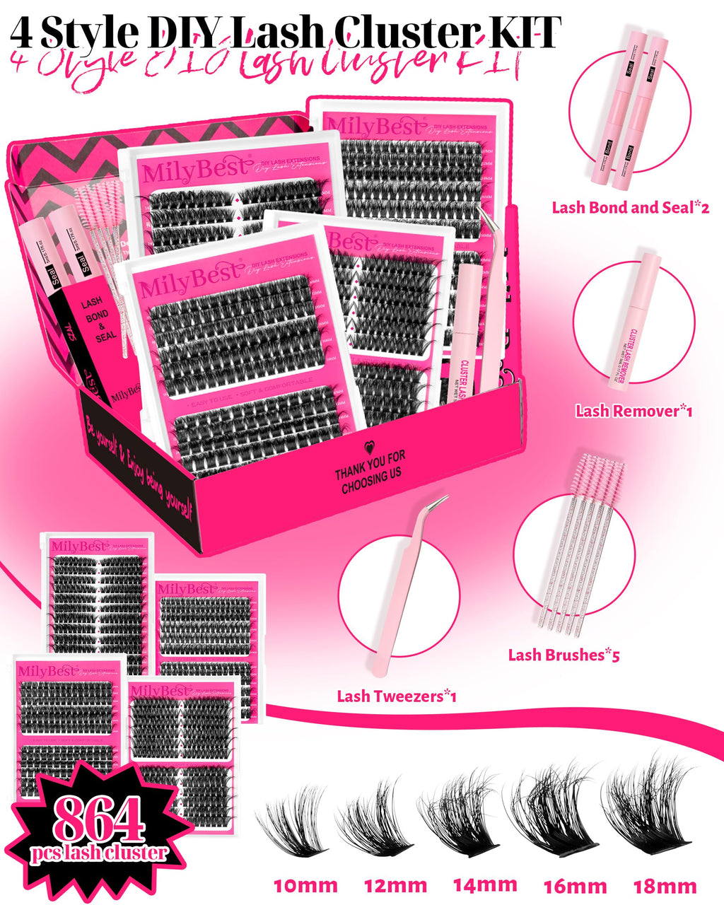 MilyBest 4 Styles Lash Clusters Kit – 864 Pcs Eyelash Extensions, D Curl DIY Lash Kit