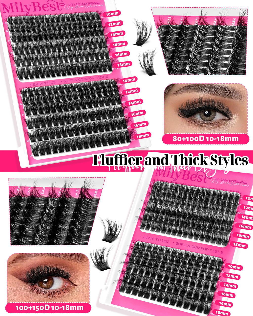 MilyBest 4 Styles Lash Clusters Kit – 864 Pcs Eyelash Extensions, D Curl DIY Lash Kit