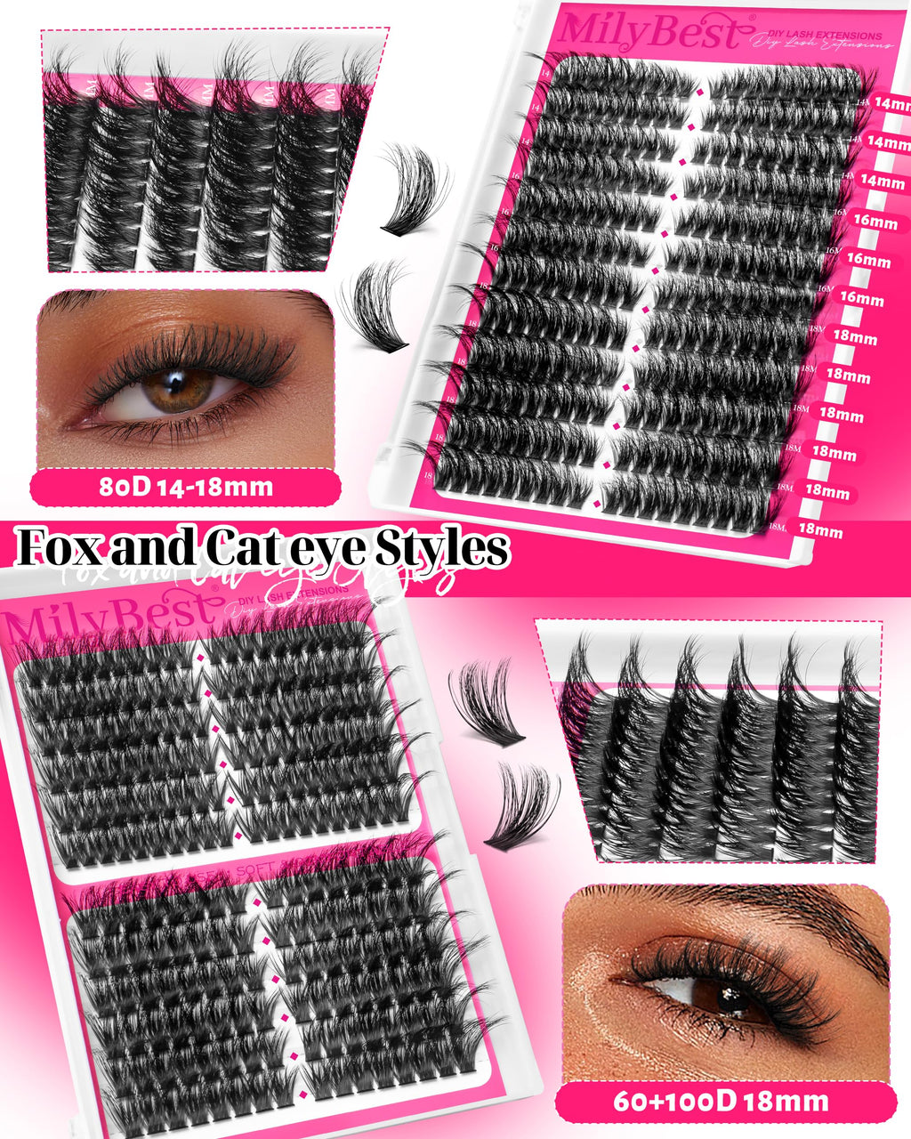 MilyBest 4 Styles Lash Clusters Kit – 864 Pcs Eyelash Extensions, D Curl DIY Lash Kit