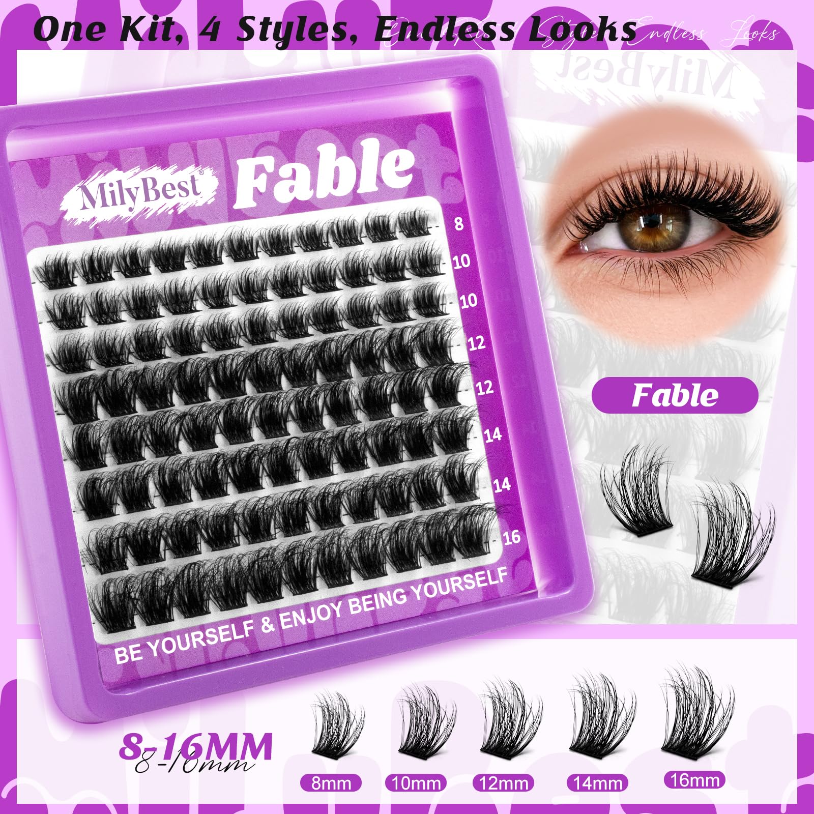 MilyBest 4 Styles Lash Clusters Kit – Silk, Rozen, Fable, Mist with Bond & Seal