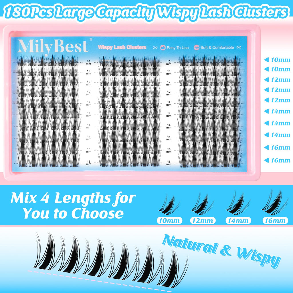 MilyBest Fairy Lash Clusters Kit – DIY 180 Pcs Lash Extensions 10–16mm with Bond & Seal