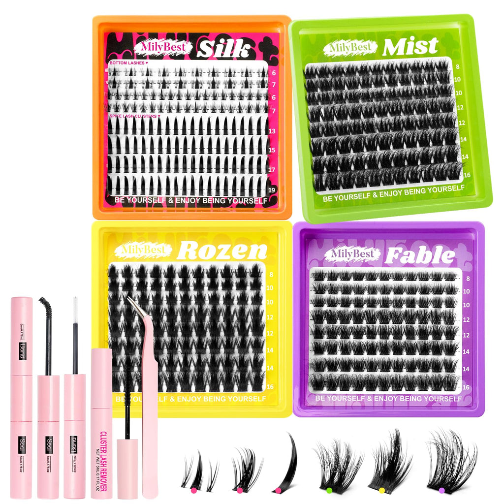 MilyBest 4 Styles Lash Clusters Kit – Silk, Rozen, Fable, Mist with Bond & Seal