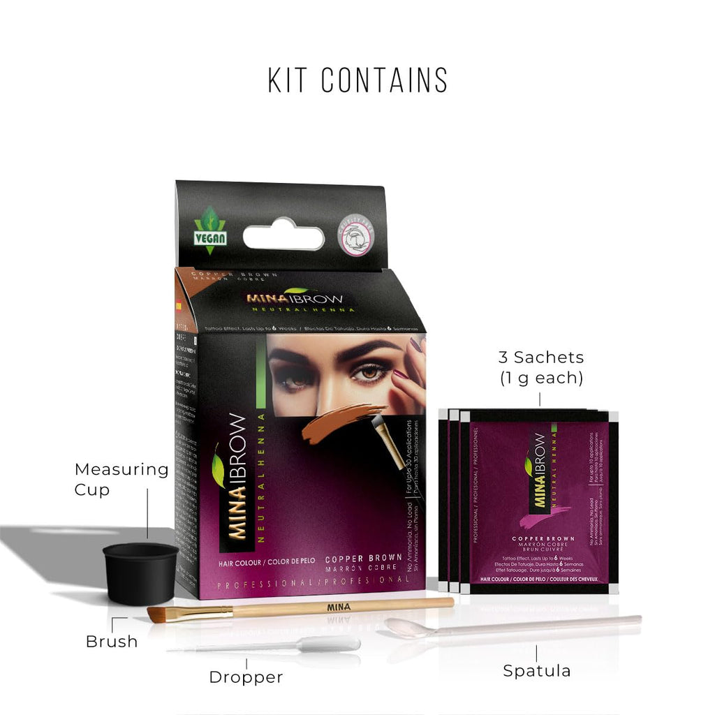 MINA iBrow Henna Hair Color Tint Kit with Brush – No Ammonia, Lasts Up to 6 Weeks, Copper Brown | Vegan & Cruelty-Free | 30 Applications