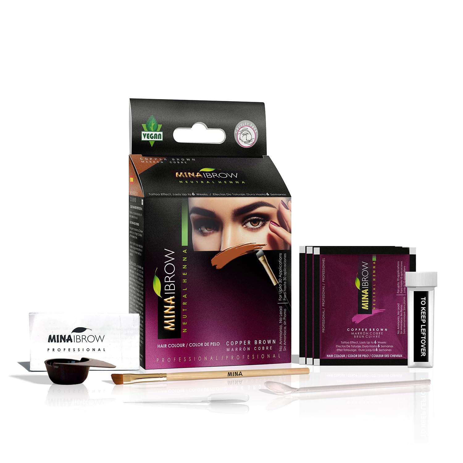 MINA iBrow Henna Hair Color Tint Kit with Brush – No Ammonia, Lasts Up to 6 Weeks, Copper Brown | Vegan & Cruelty-Free | 30 Applications