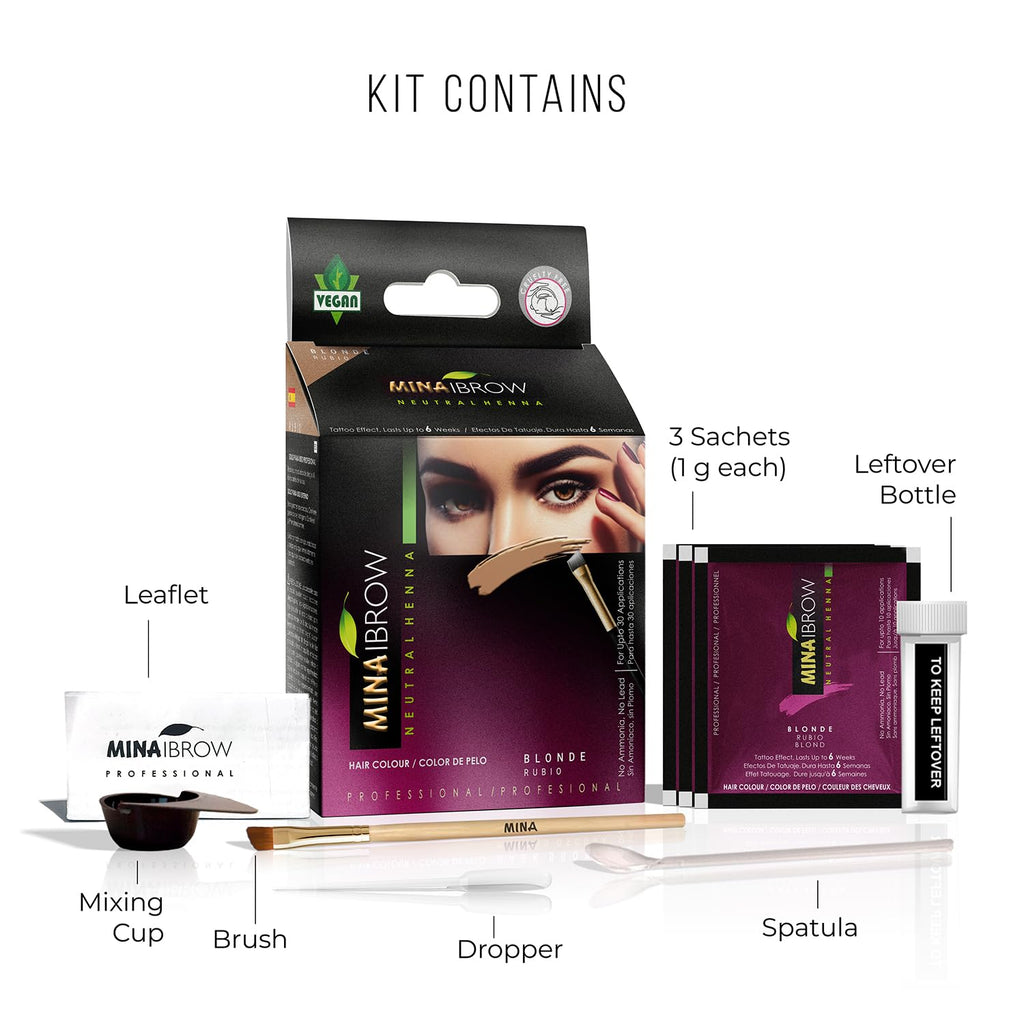 MINA iBrow Henna Hair Color Professional Tint Kit with Brush – Gray Coverage, Up to 6 Weeks, No Ammonia or Lead, Vegan & Cruelty-Free | Up to 30 Applications (Blonde)