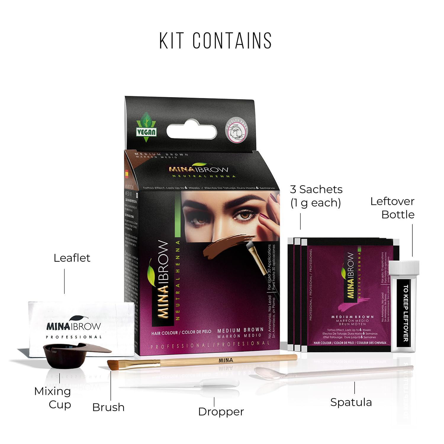 MinaiBrow Instant Hair Dye Kit Medium Brow – Natural Cassia Tint, 100% Grey Coverage Up To 30 Applications