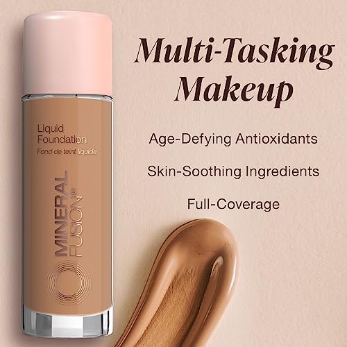 Mineral Fusion Full Coverage Liquid Foundation Deep 1 | Golden Undertones, Matte Finish, 12h Hydration, Hypoallergenic & Vegan • 1 fl oz