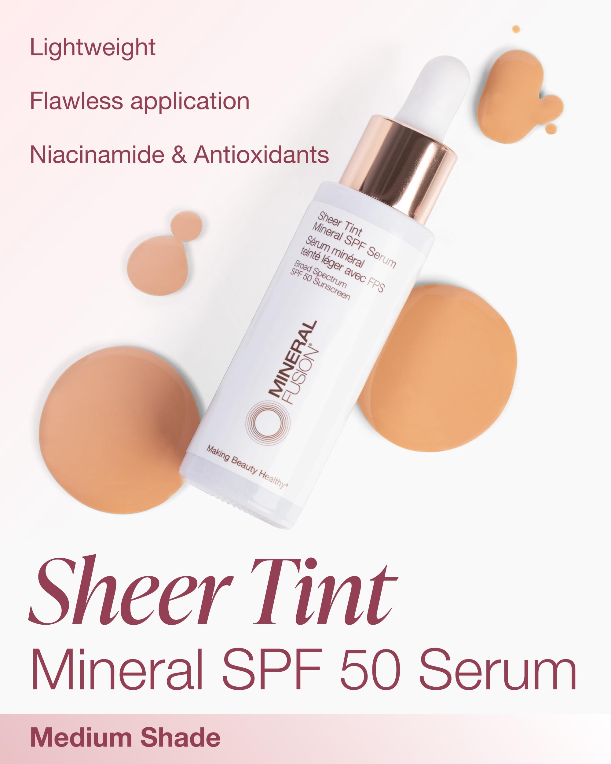 Mineral Fusion Sheer Tint SPF Face Serum (Medium) – SPF 50 Mineral Sunscreen, Sheer Coverage & Dewy Glow