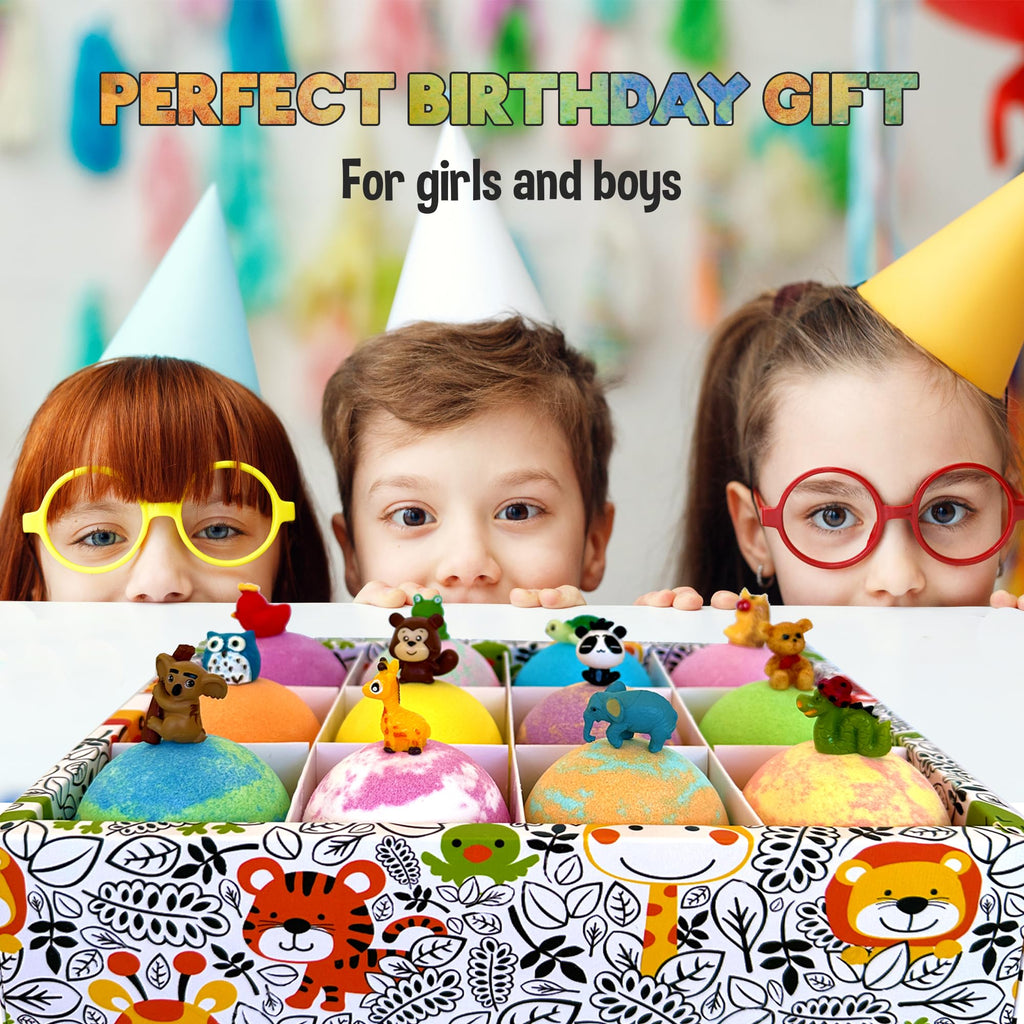 Mineral Me California Kids Bath Bombs with Surprise Inside – 12 Bubble Fizzies & Jungle Animal Toys