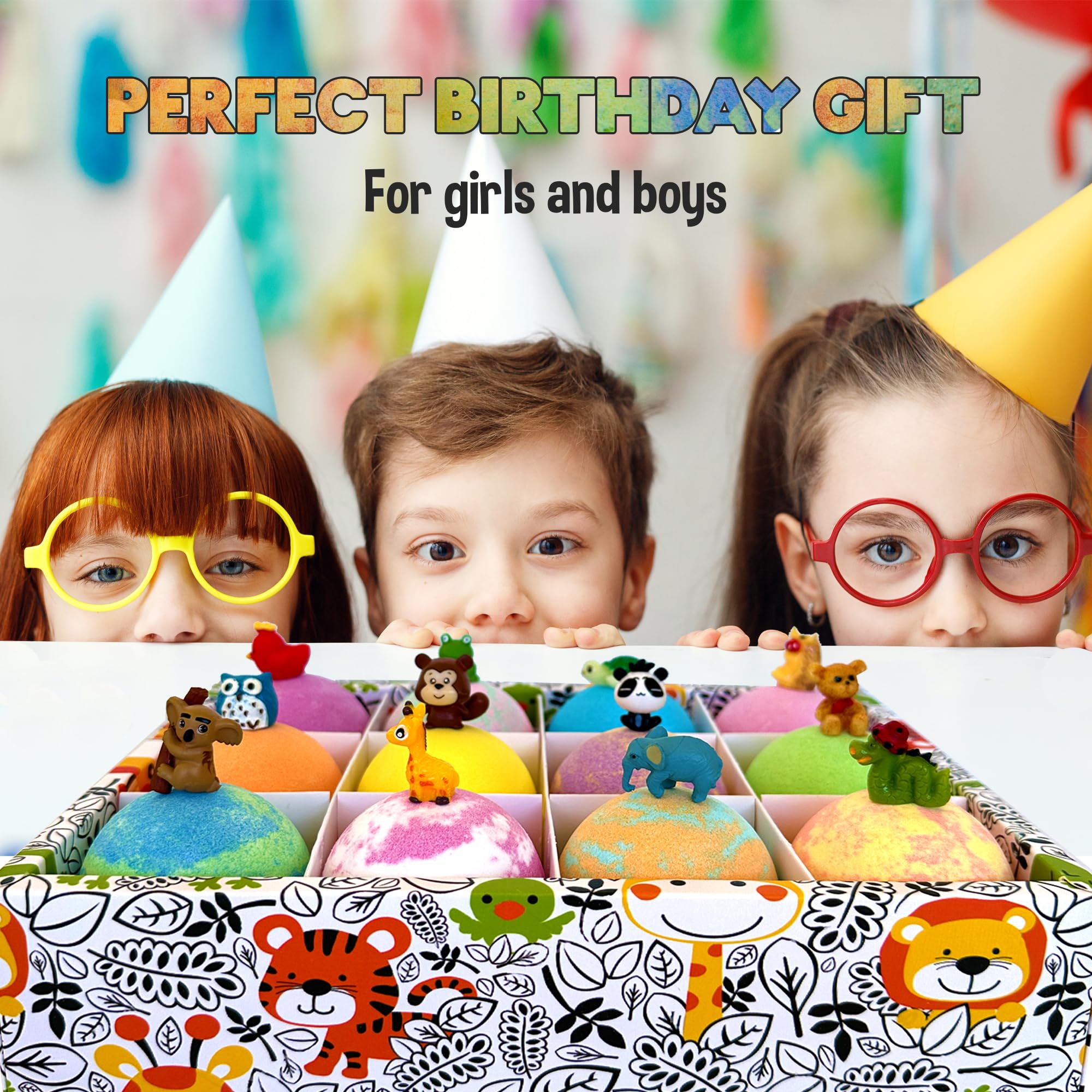 Mineral Me California Kids Bath Bombs with Surprise Inside – 12 Bubble Fizzies & Jungle Animal Toys