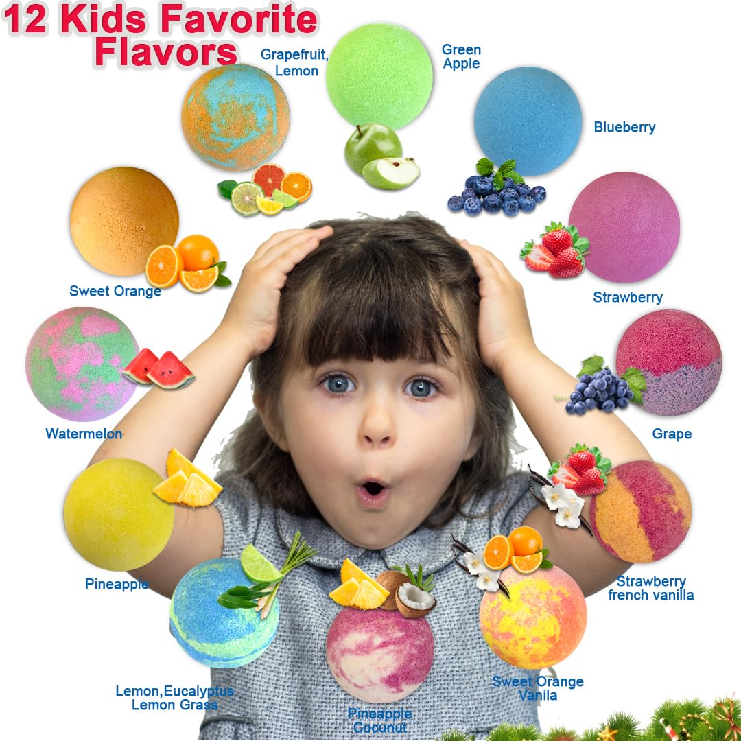 Mineral Me California Christmas Advent Calendar Bath Bombs for Kids – 12 Organic Fizzies with Surprises