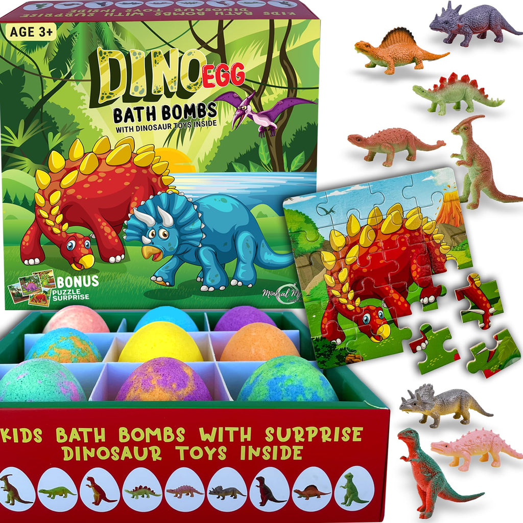 Mineral Me California Kids Bath Bombs with Dino Toy Inside – 9 Organic Dino Egg Set
