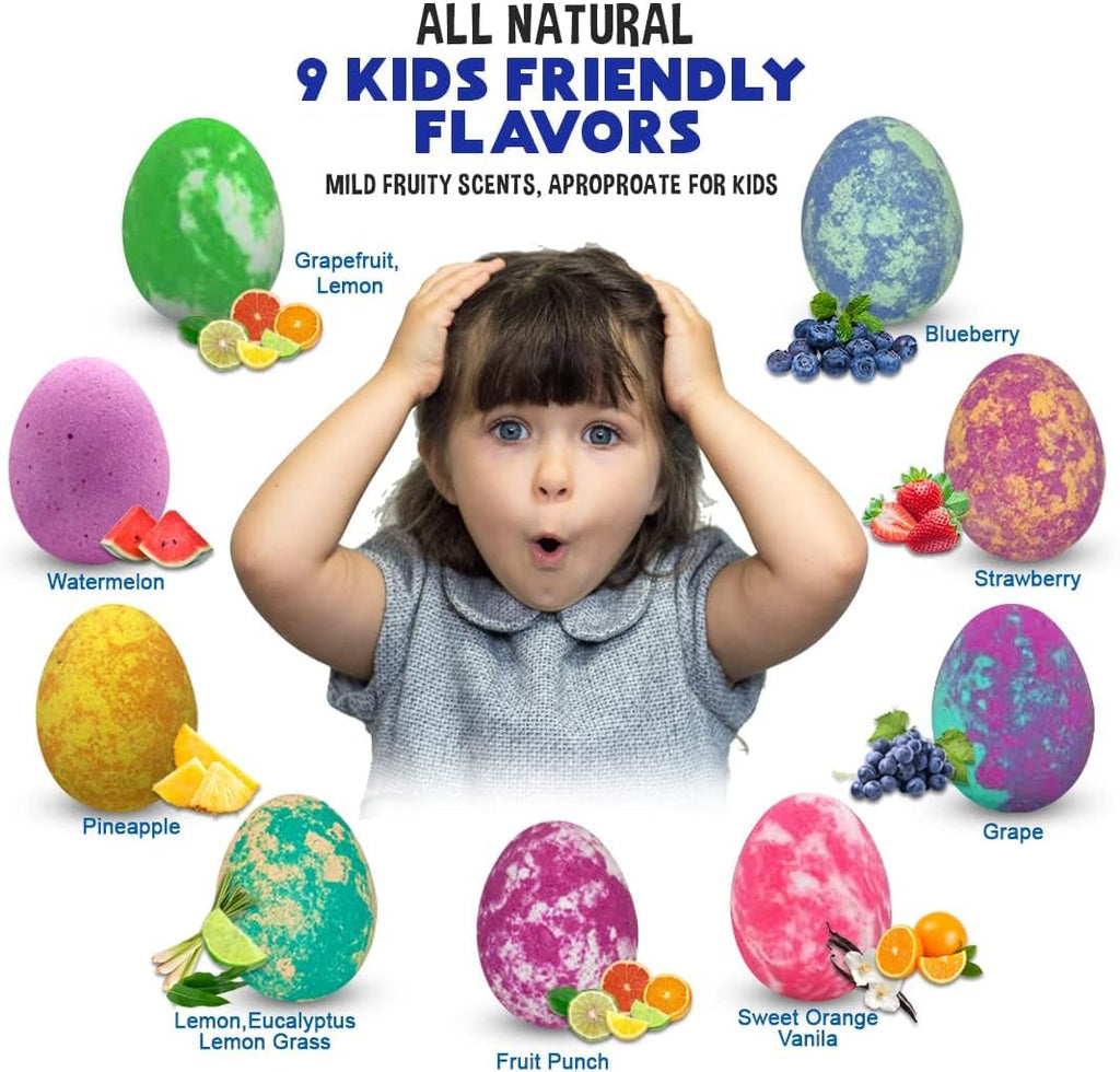 Mineral Me California Kids Bath Bombs with Surprise Toys – Organic Dino Eggs (9-Pack)