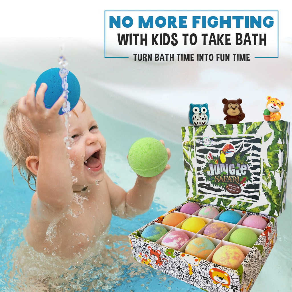 Mineral Me California Kids Bath Bombs with Surprise Inside – 12 Bubble Fizzies & Jungle Animal Toys