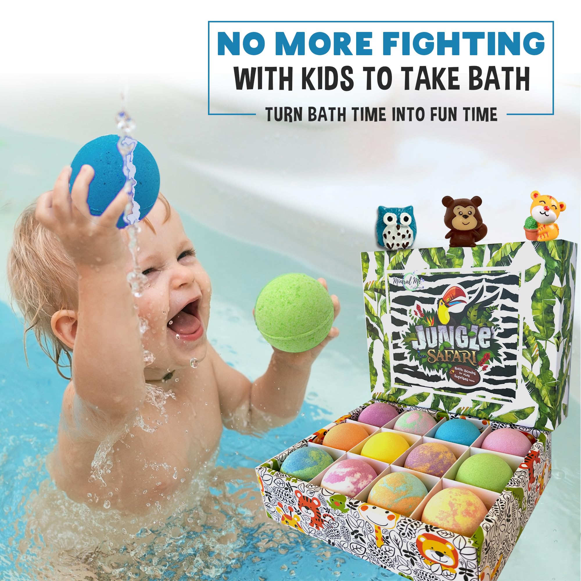 Mineral Me California Kids Bath Bombs with Surprise Inside – 12 Bubble Fizzies & Jungle Animal Toys