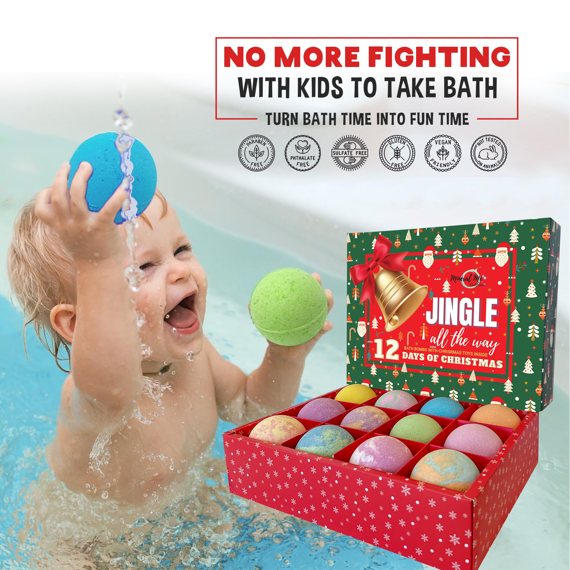 Mineral Me California Christmas Bath Bombs for Kids – 12 Day Advent Calendar Gift Set