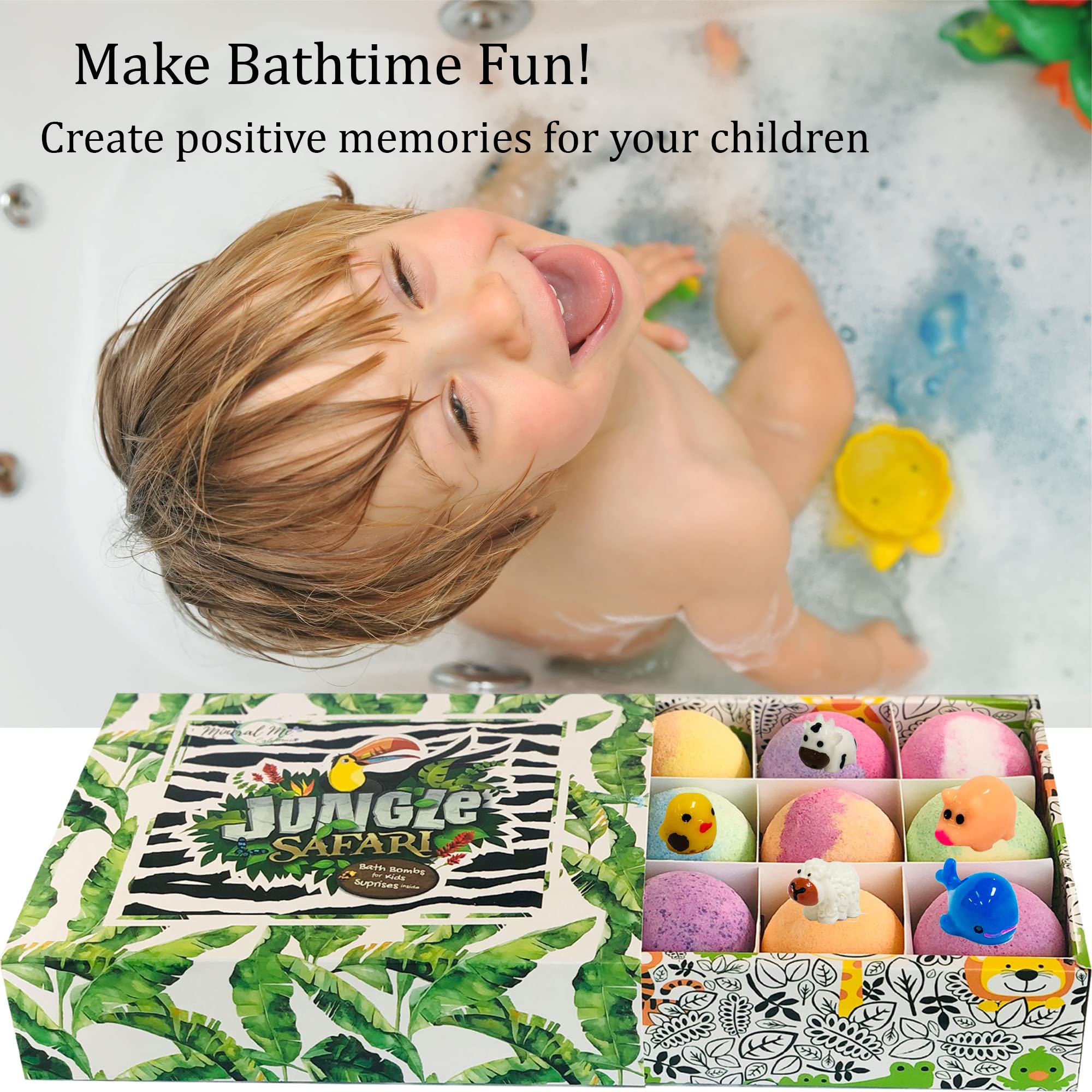 Mineral Me California Kids Bath Bombs with Surprise Inside – 12 Bubble Fizzies & Jungle Animal Toys